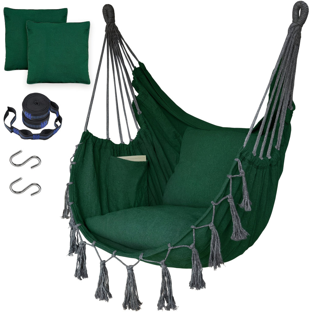 Handcrafted Hanging Hammock Chair with Two Soft Cushions, Equipped with Sturdy Webbing Straps and Heavy-Duty Hooks, Ideal Outdoor Furniture for Gardens, Porches and Patios