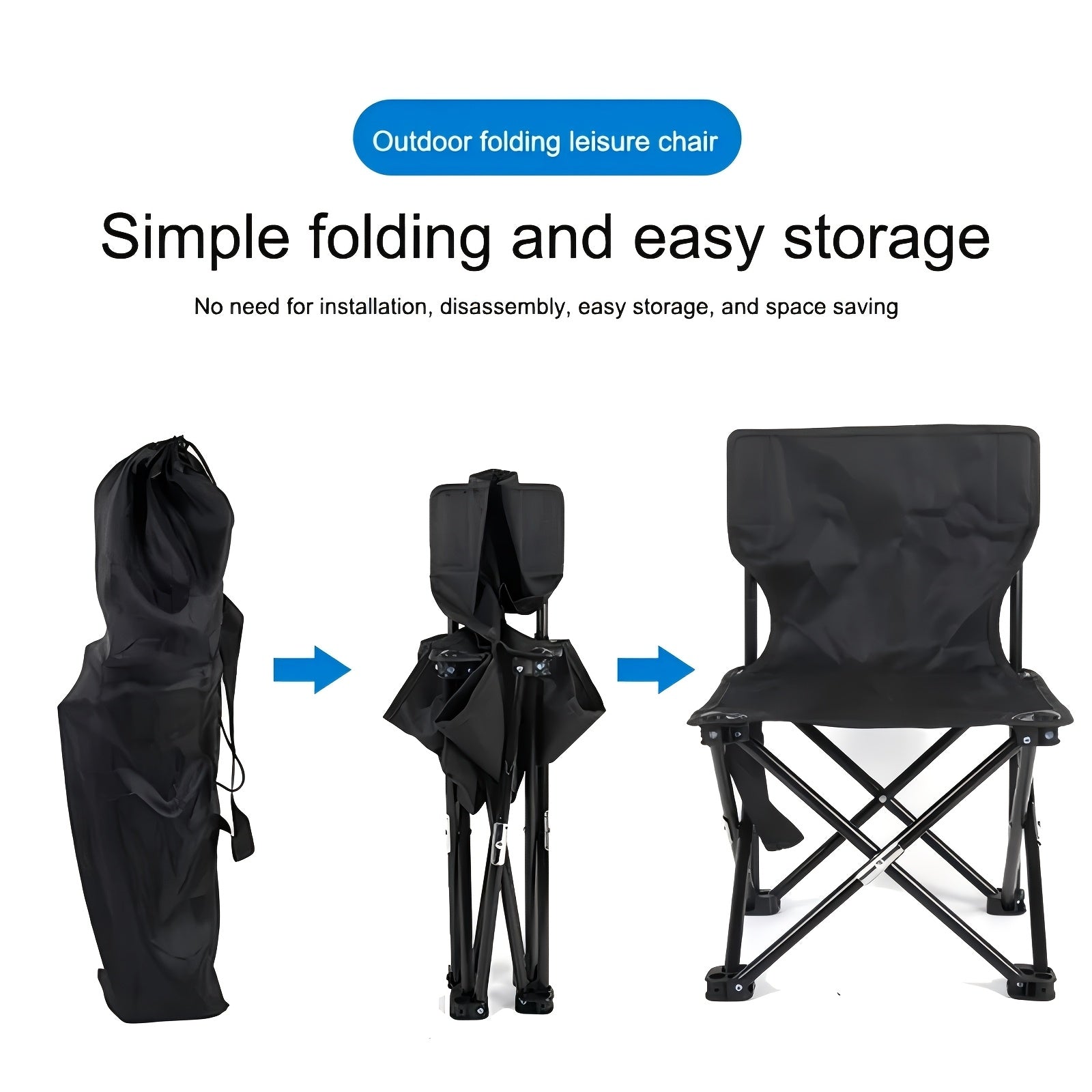 Black Portable Folding Outdoor Chairs – Lightweight Compact Design, Durable Metal Frame with Storage Bag, Ideal for Camping, Travel, Fishing & Holiday Use