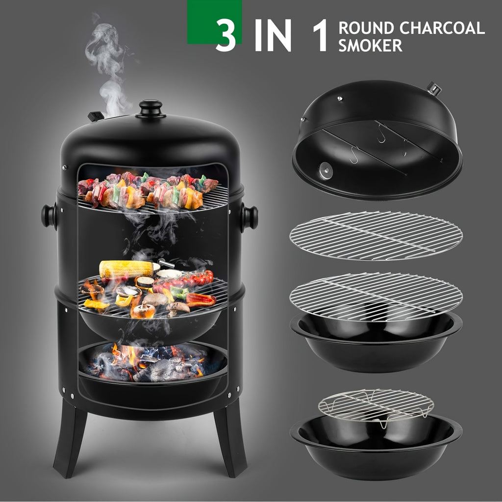 Portable 3-in-1 Charcoal Grill Smoker with Built-in Thermometer, Adjustable Height Steel Fire Pit for Outdoor Parties