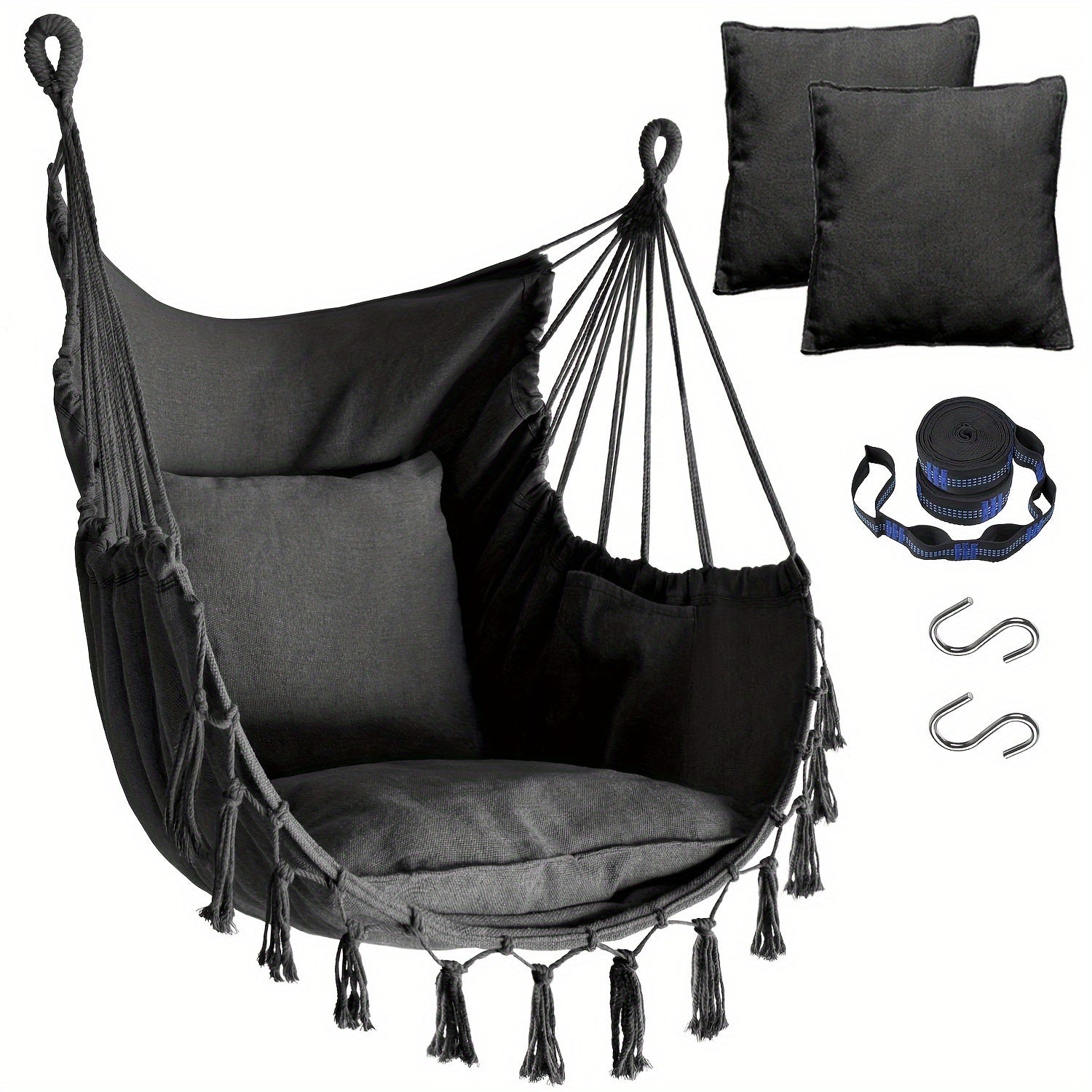 Handcrafted Hanging Hammock Chair with Two Soft Cushions, Equipped with Sturdy Webbing Straps and Heavy-Duty Hooks, Ideal Outdoor Furniture for Gardens, Porches and Patios