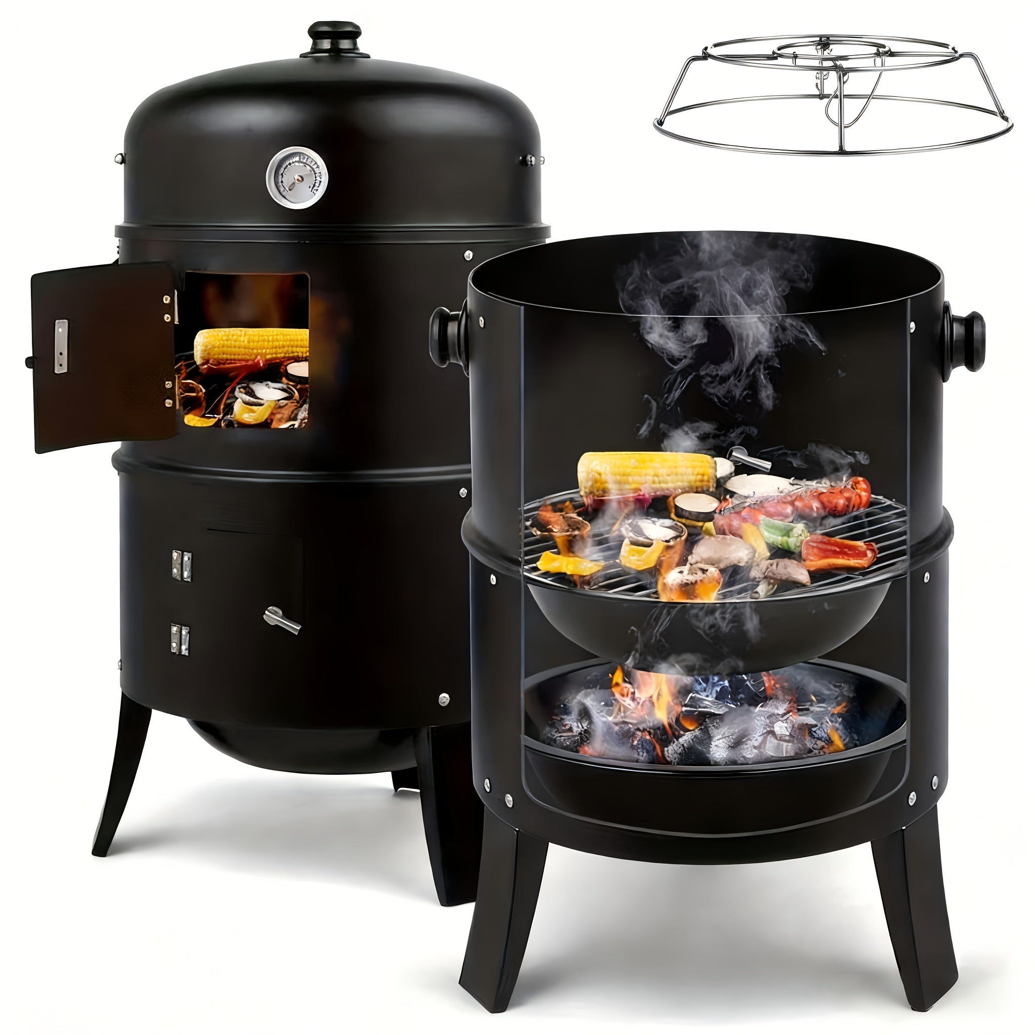 Portable 3-in-1 Charcoal Grill Smoker with Built-in Thermometer, Adjustable Height Steel Fire Pit for Outdoor Parties
