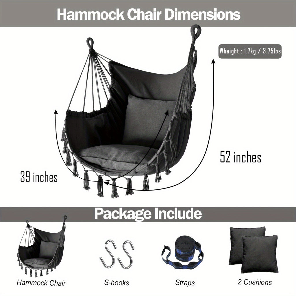 Handcrafted Hanging Hammock Chair with Two Soft Cushions, Equipped with Sturdy Webbing Straps and Heavy-Duty Hooks, Ideal Outdoor Furniture for Gardens, Porches and Patios