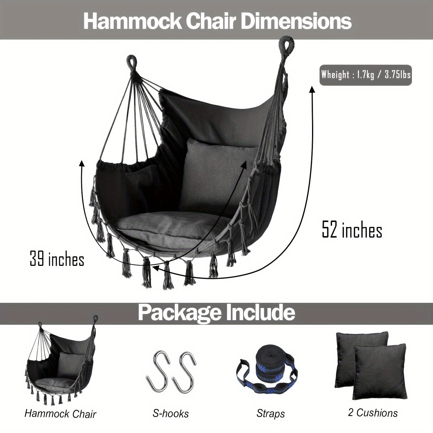 Handcrafted Hanging Hammock Chair with Two Soft Cushions, Equipped with Sturdy Webbing Straps and Heavy-Duty Hooks, Ideal Outdoor Furniture for Gardens, Porches and Patios