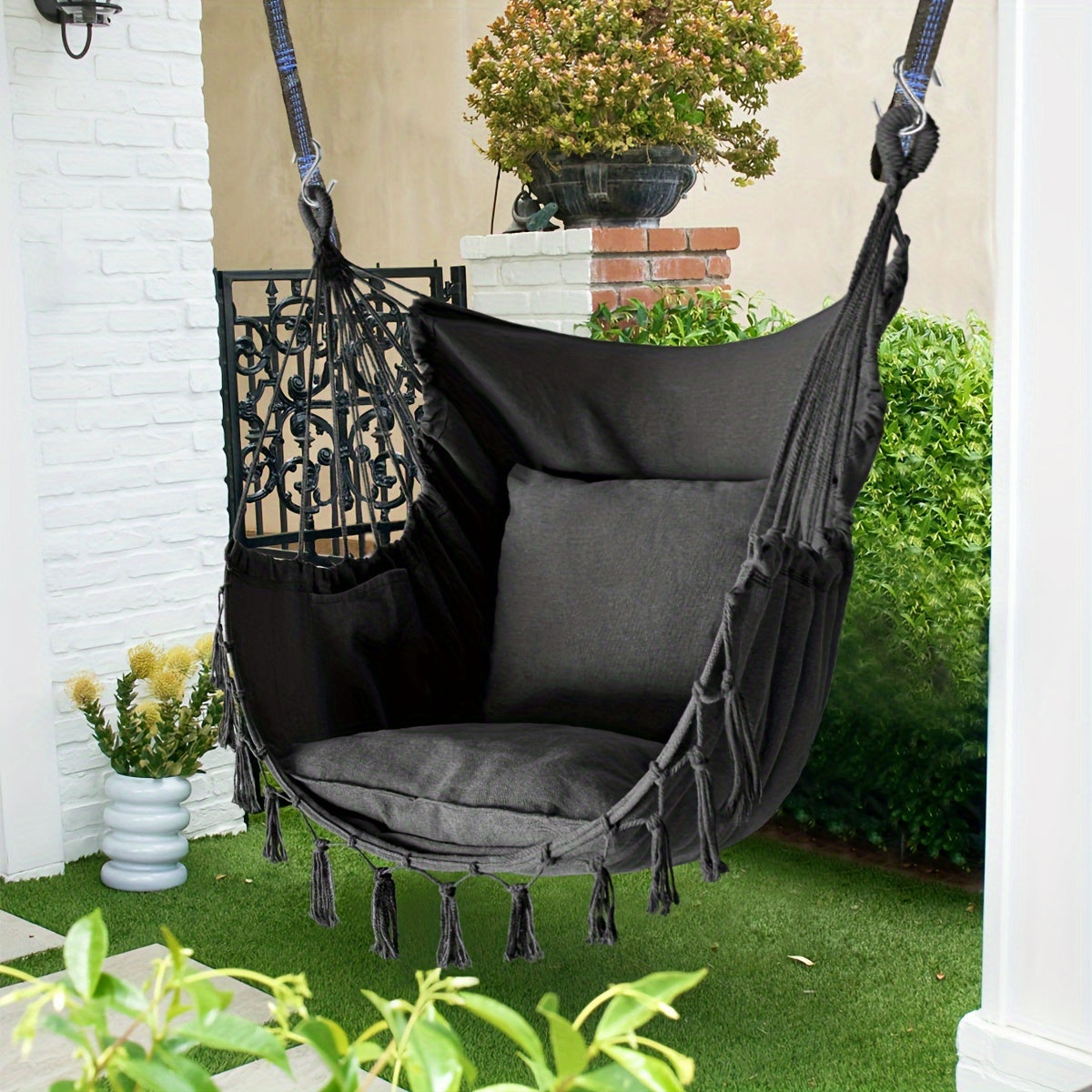 Handcrafted Hanging Hammock Chair with Two Soft Cushions, Equipped with Sturdy Webbing Straps and Heavy-Duty Hooks, Ideal Outdoor Furniture for Gardens, Porches and Patios