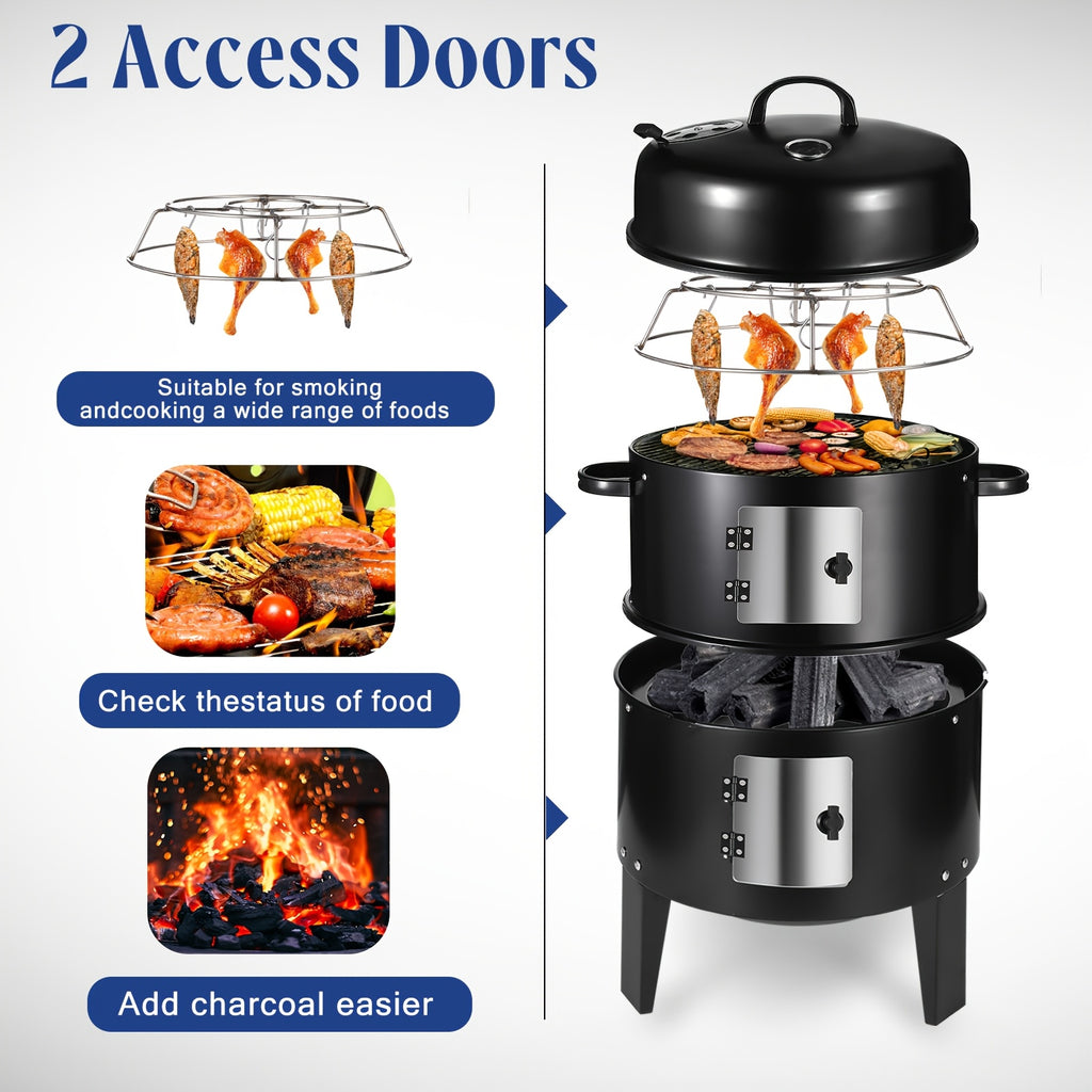 Portable 3-in-1 Charcoal Grill Smoker with Built-in Thermometer, Adjustable Height Steel Fire Pit for Outdoor Parties