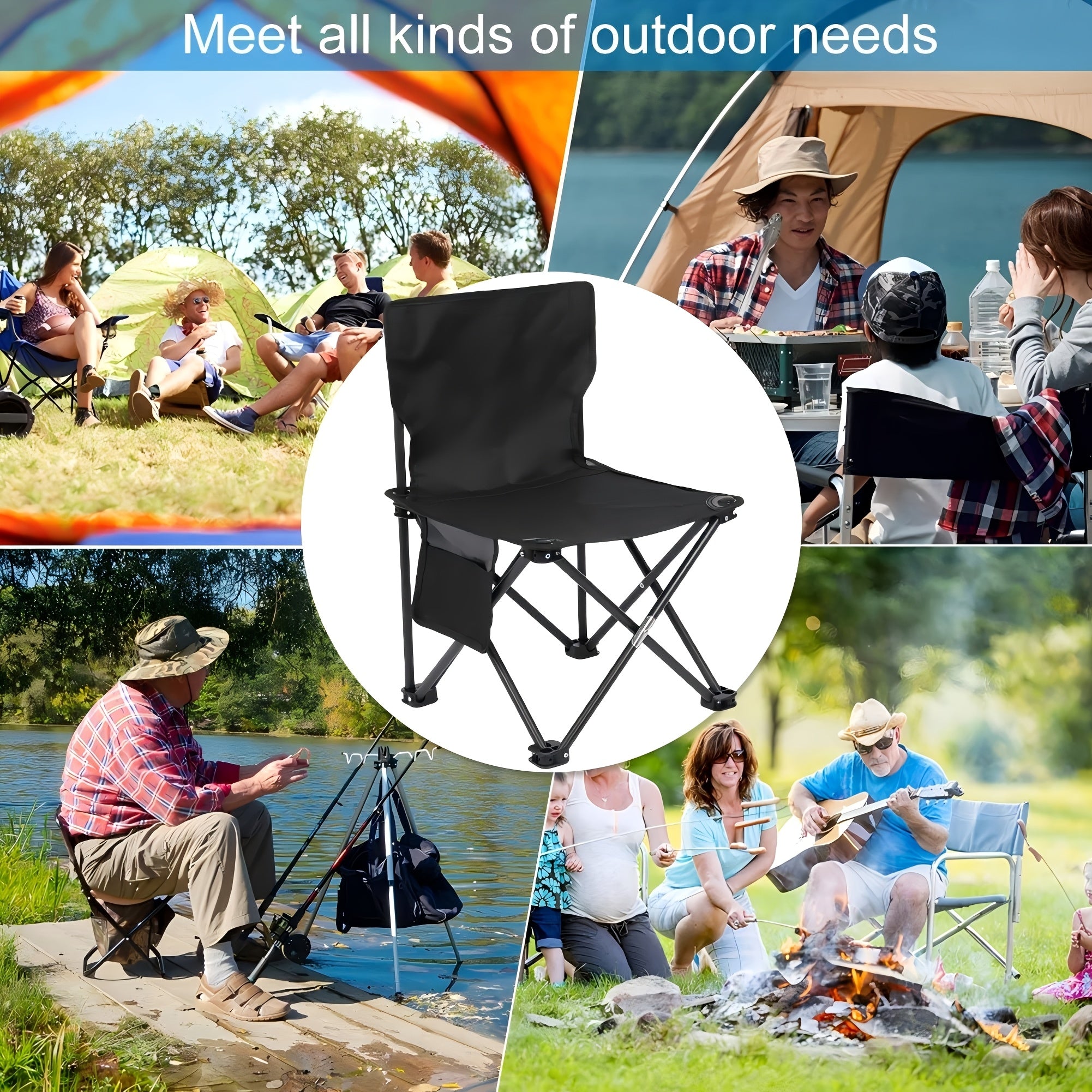 Black Portable Folding Outdoor Chairs – Lightweight Compact Design, Durable Metal Frame with Storage Bag, Ideal for Camping, Travel, Fishing & Holiday Use