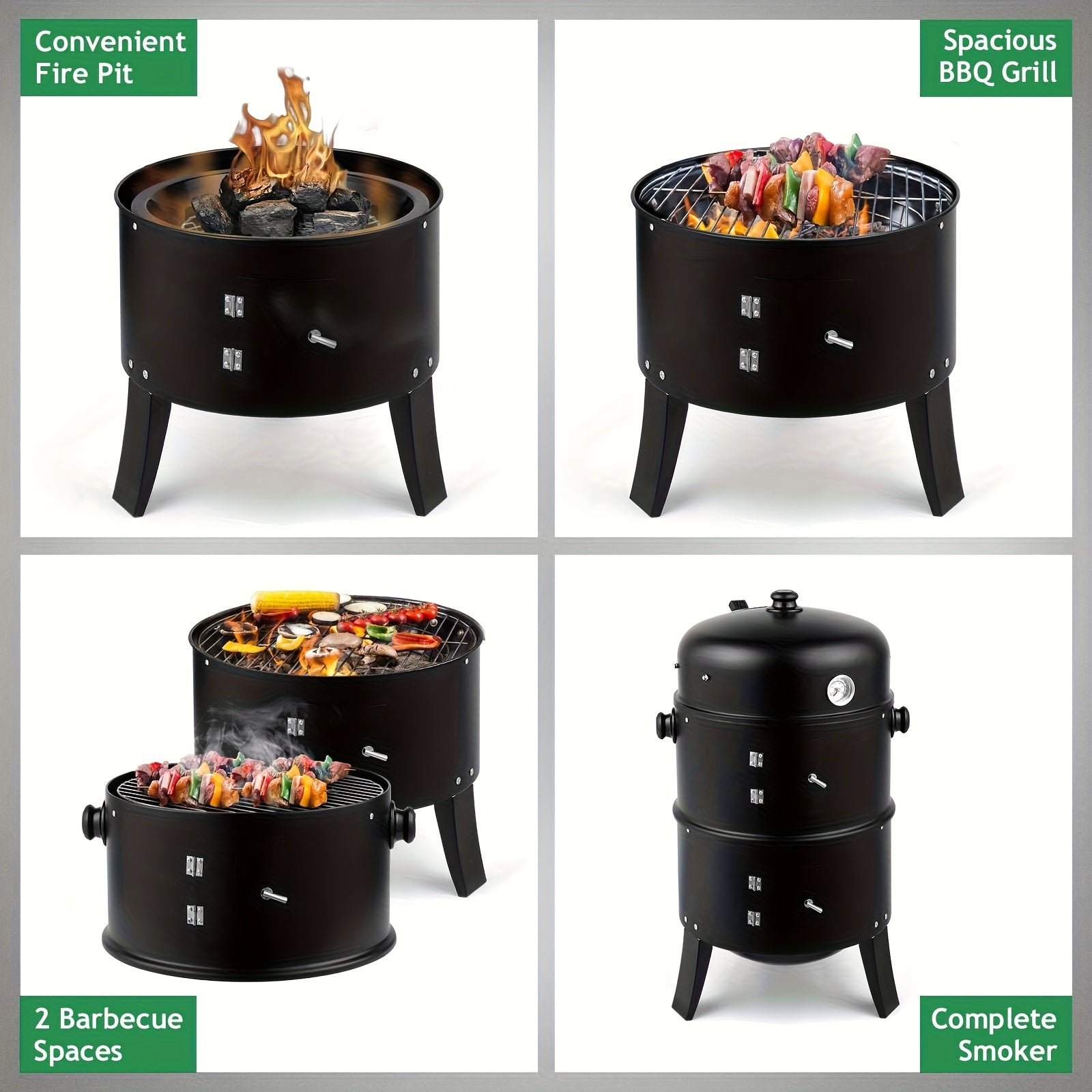 Portable 3-in-1 Charcoal Grill Smoker with Built-in Thermometer, Adjustable Height Steel Fire Pit for Outdoor Parties