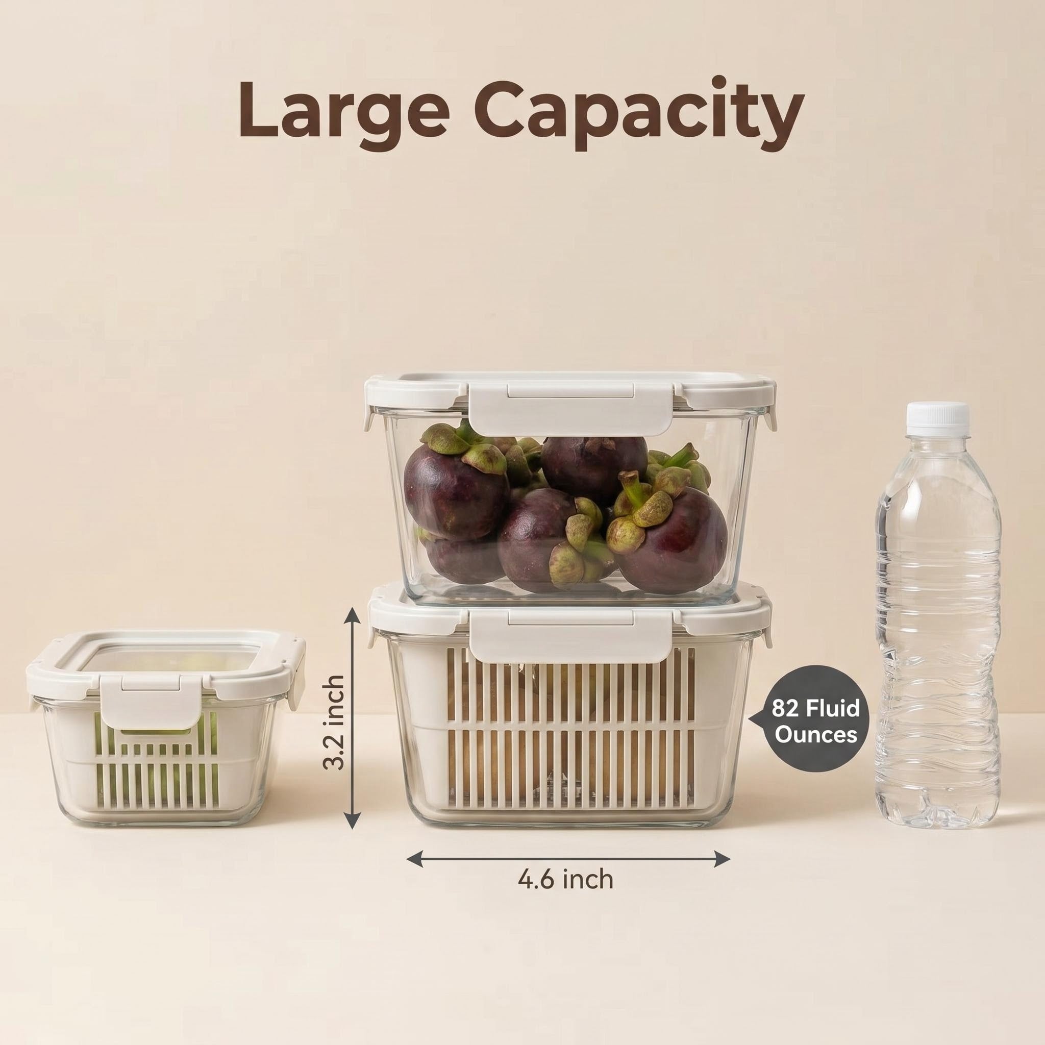Smart Drain Design High Borosilicate Glass Container, Detachable Drain Basket + Locking Airtight Lid, Replace Stained Plastic Storage for Home Kitchen & Refrigerator