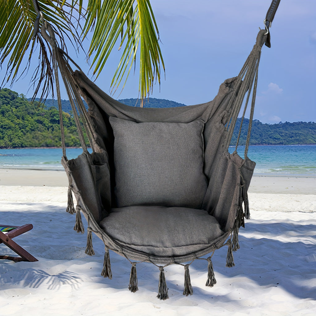 Handcrafted Hanging Hammock Chair with Two Soft Cushions, Equipped with Sturdy Webbing Straps and Heavy-Duty Hooks, Ideal Outdoor Furniture for Gardens, Porches and Patios