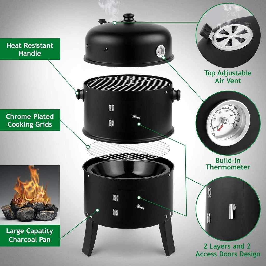 Portable 3-in-1 Charcoal Grill Smoker with Built-in Thermometer, Adjustable Height Steel Fire Pit for Outdoor Parties