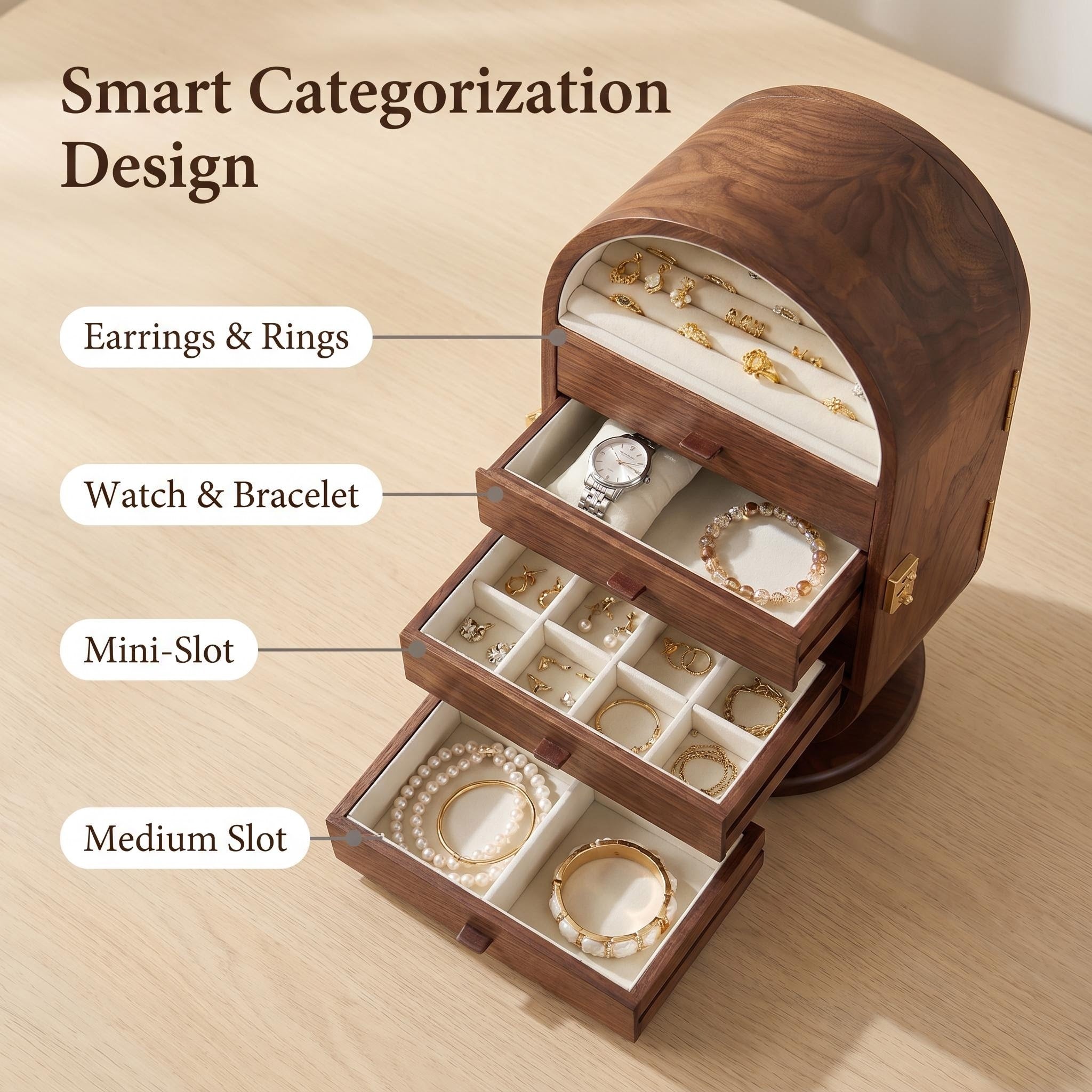 Premium Walnut Rotating Jewelry Cabinet with Mirrored Doors & Multi-Drawer Categorization, Smart Organizer for Rings, Earrings, Bracelets & Watches