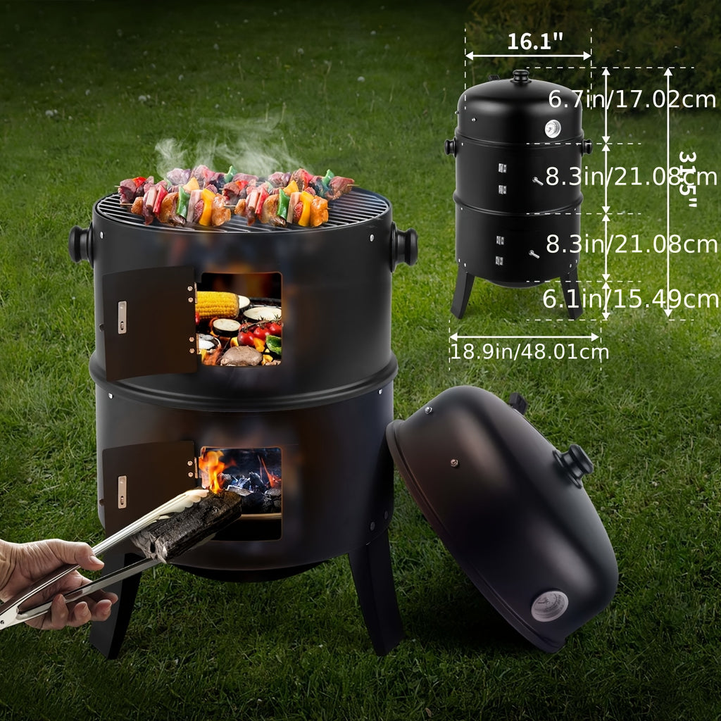 Portable 3-in-1 Charcoal Grill Smoker with Built-in Thermometer, Adjustable Height Steel Fire Pit for Outdoor Parties