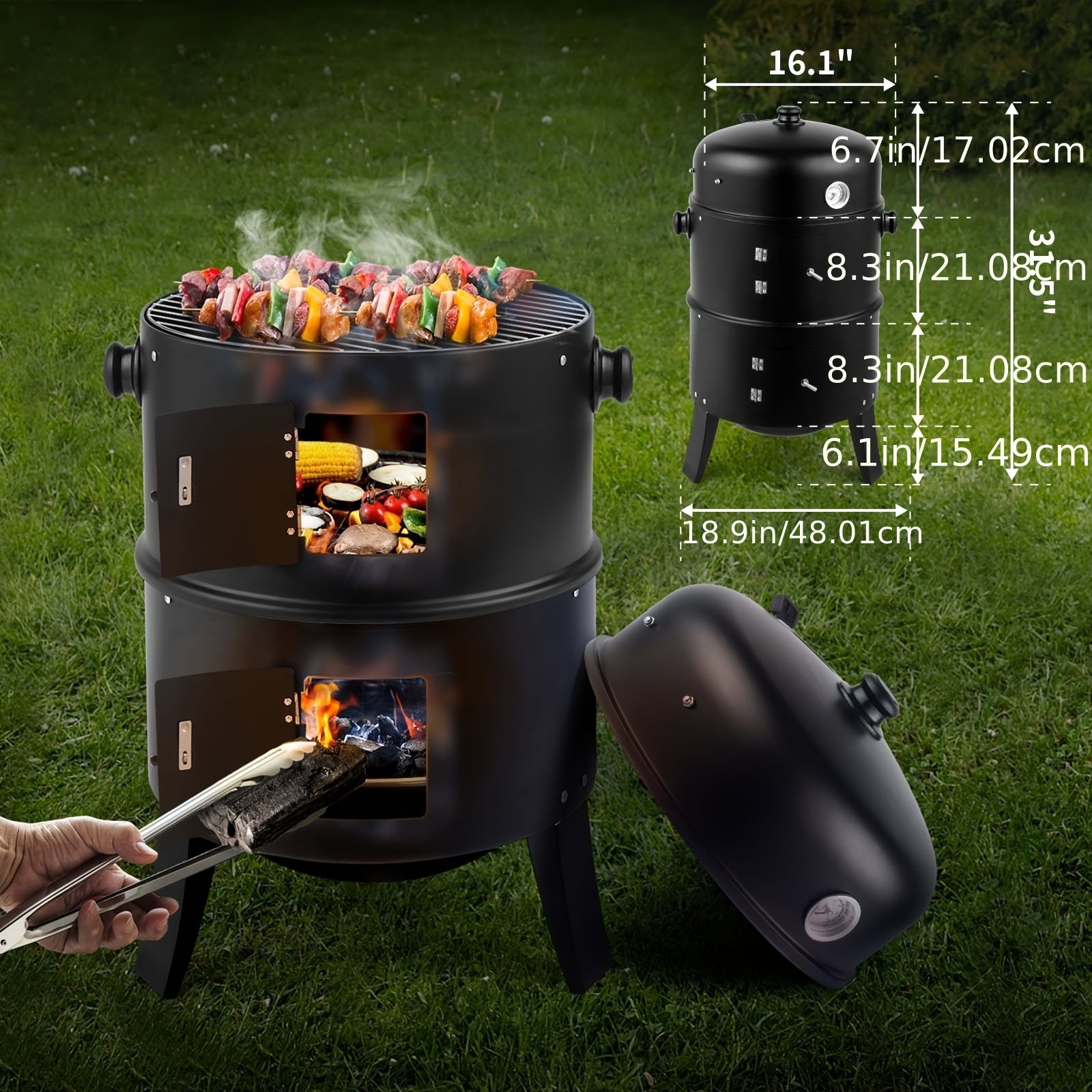 Portable 3-in-1 Charcoal Grill Smoker with Built-in Thermometer, Adjustable Height Steel Fire Pit for Outdoor Parties