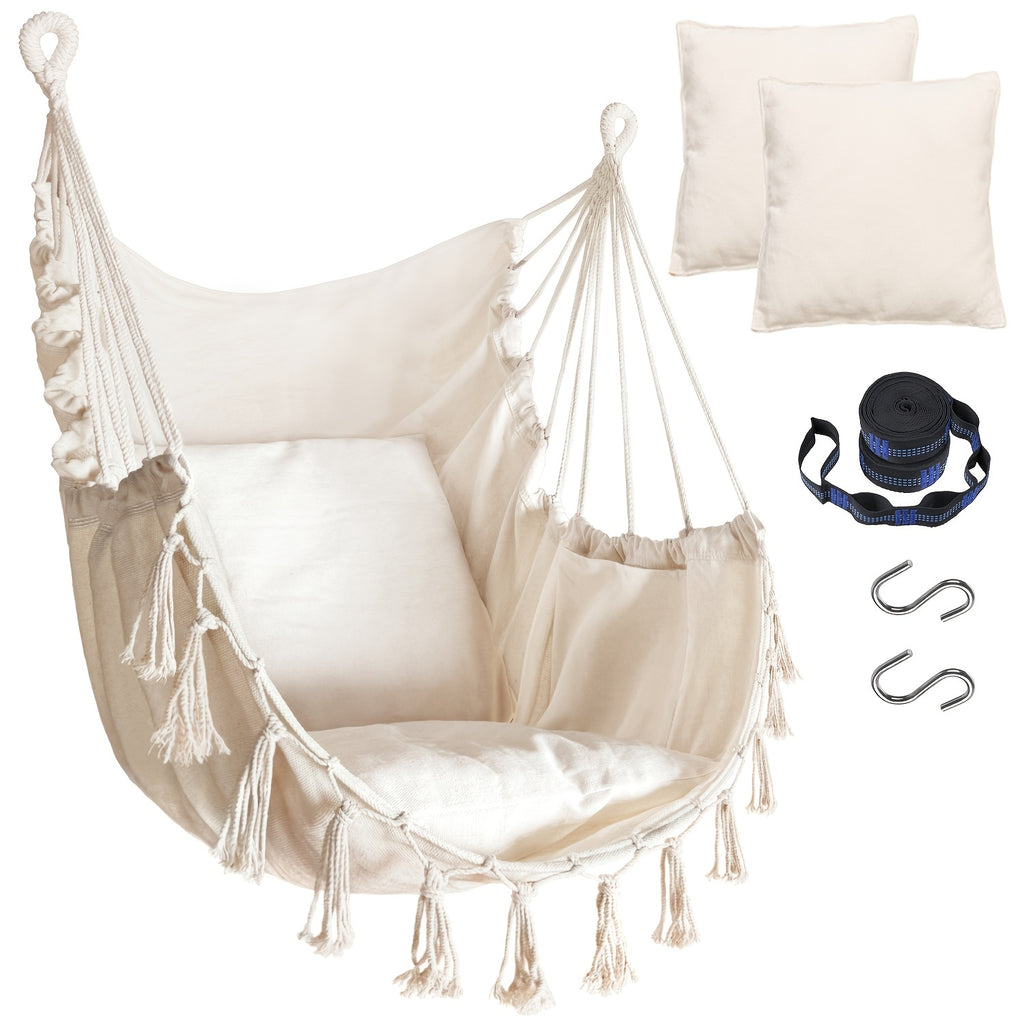 Handcrafted Hanging Hammock Chair with Two Soft Cushions, Equipped with Sturdy Webbing Straps and Heavy-Duty Hooks, Ideal Outdoor Furniture for Gardens, Porches and Patios