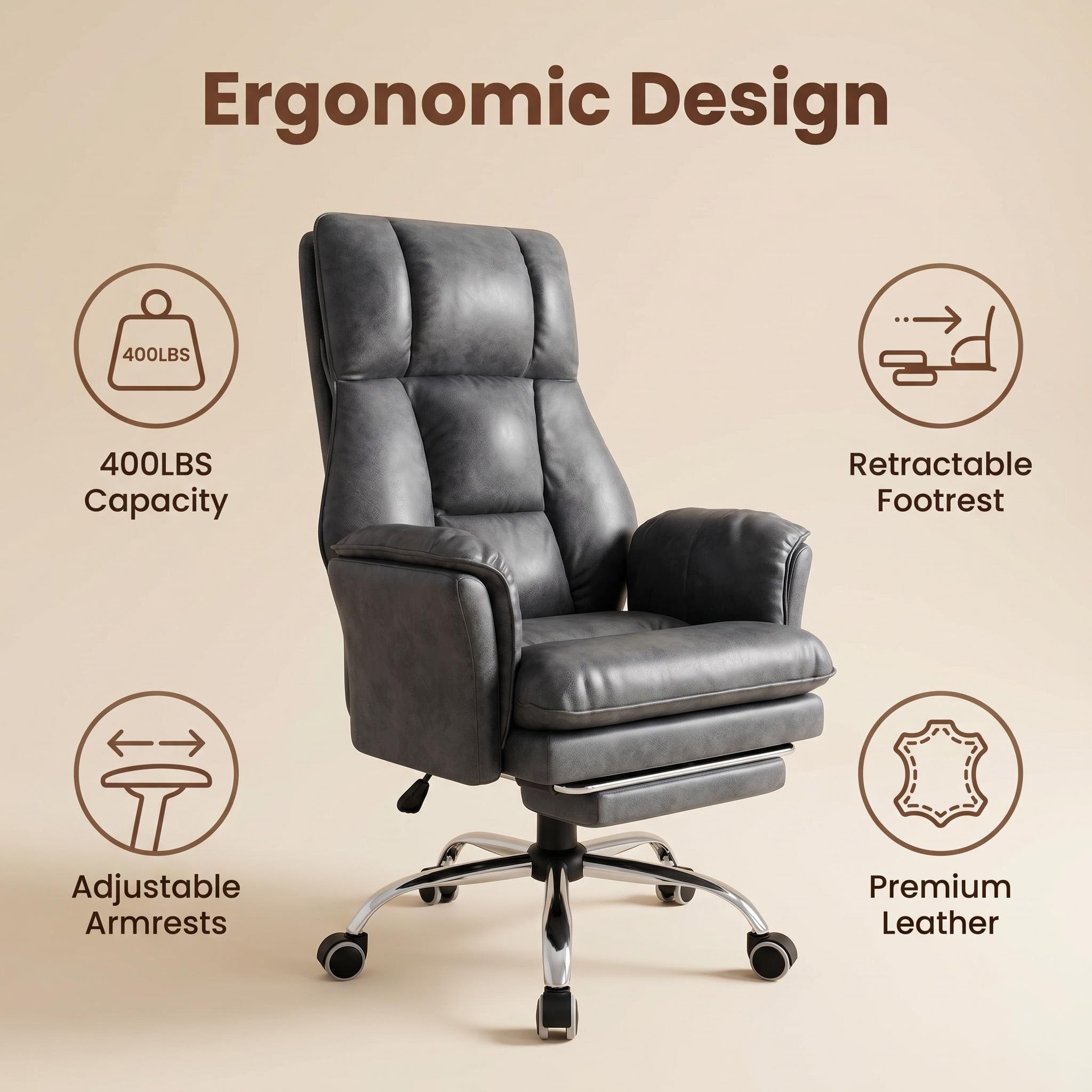 Heavy Duty 400LBS Office Chair, Ergonomic Design with Adjustable Arms & Footrest