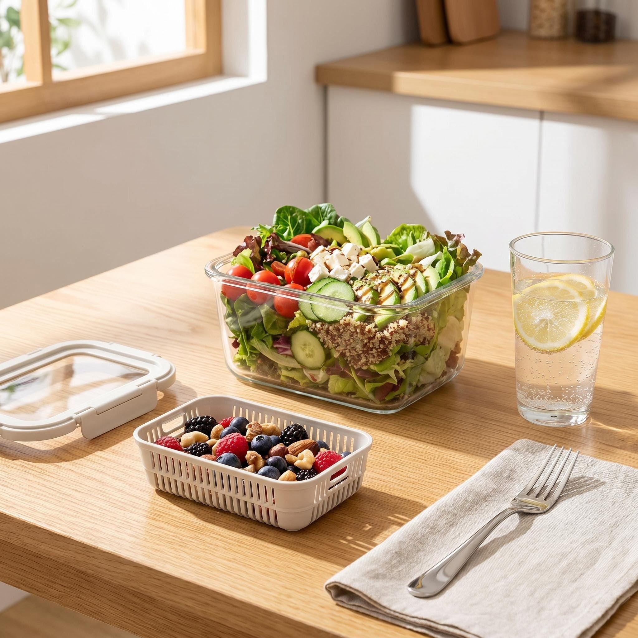 Smart Drain Design High Borosilicate Glass Container, Detachable Drain Basket + Locking Airtight Lid, Replace Stained Plastic Storage for Home Kitchen & Refrigerator
