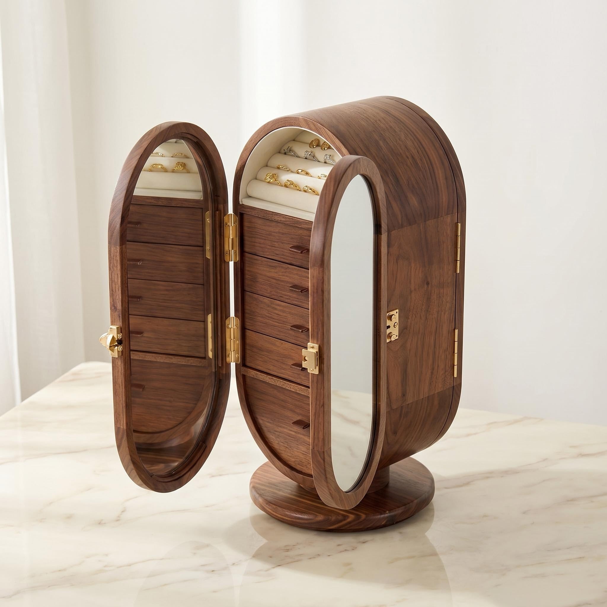 Premium Walnut Rotating Jewelry Cabinet with Mirrored Doors & Multi-Drawer Categorization, Smart Organizer for Rings, Earrings, Bracelets & Watches