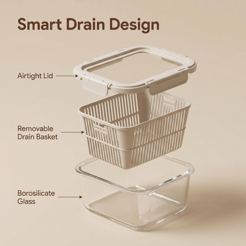 Smart Drain Design High Borosilicate Glass Container, Detachable Drain Basket + Locking Airtight Lid, Replace Stained Plastic Storage for Home Kitchen & Refrigerator