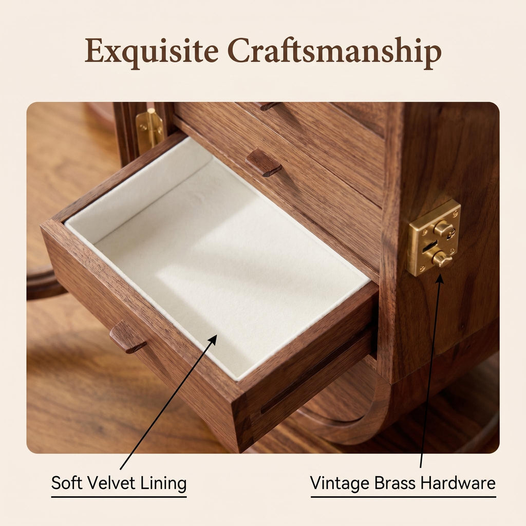 Premium Walnut Rotating Jewelry Cabinet with Mirrored Doors & Multi-Drawer Categorization, Smart Organizer for Rings, Earrings, Bracelets & Watches