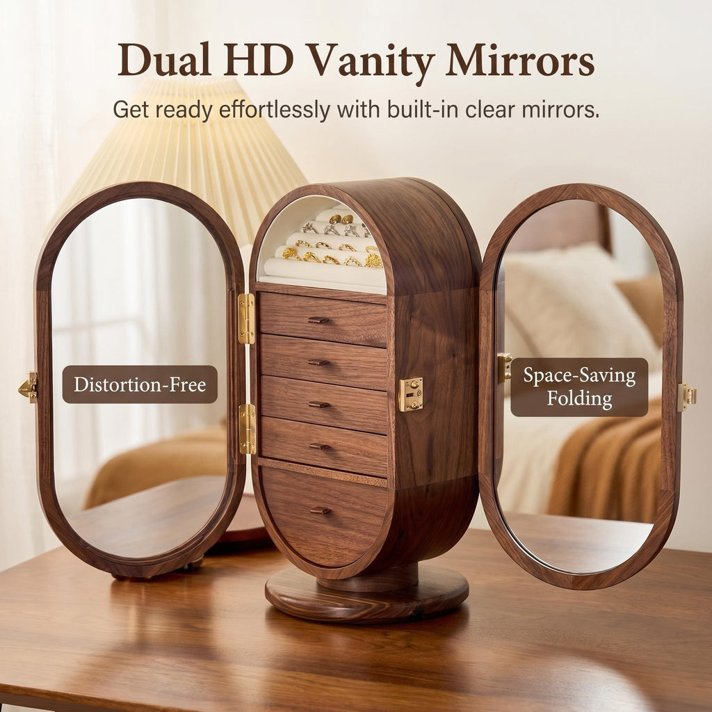 Premium Walnut Rotating Jewelry Cabinet with Mirrored Doors & Multi-Drawer Categorization, Smart Organizer for Rings, Earrings, Bracelets & Watches