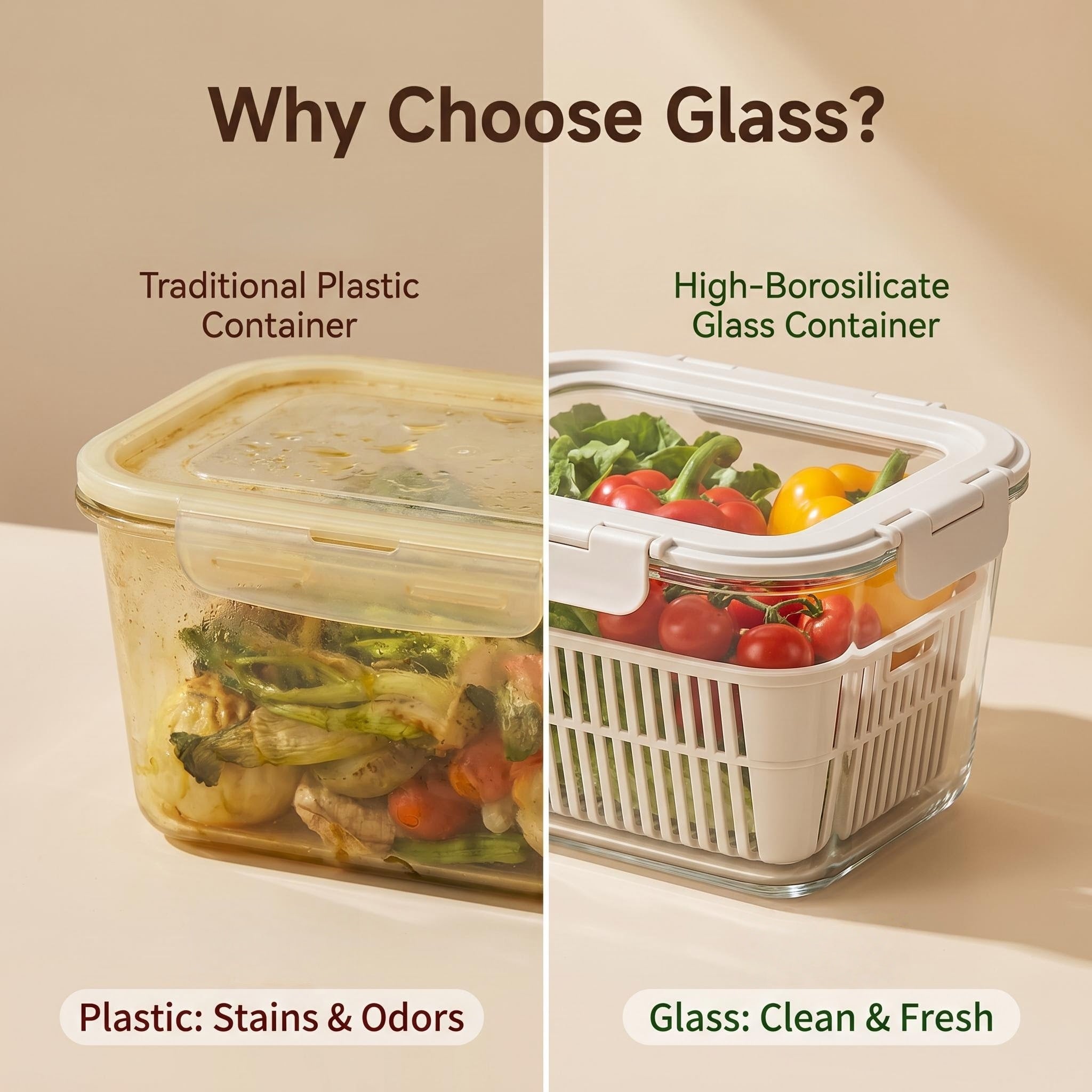 Smart Drain Design High Borosilicate Glass Container, Detachable Drain Basket + Locking Airtight Lid, Replace Stained Plastic Storage for Home Kitchen & Refrigerator
