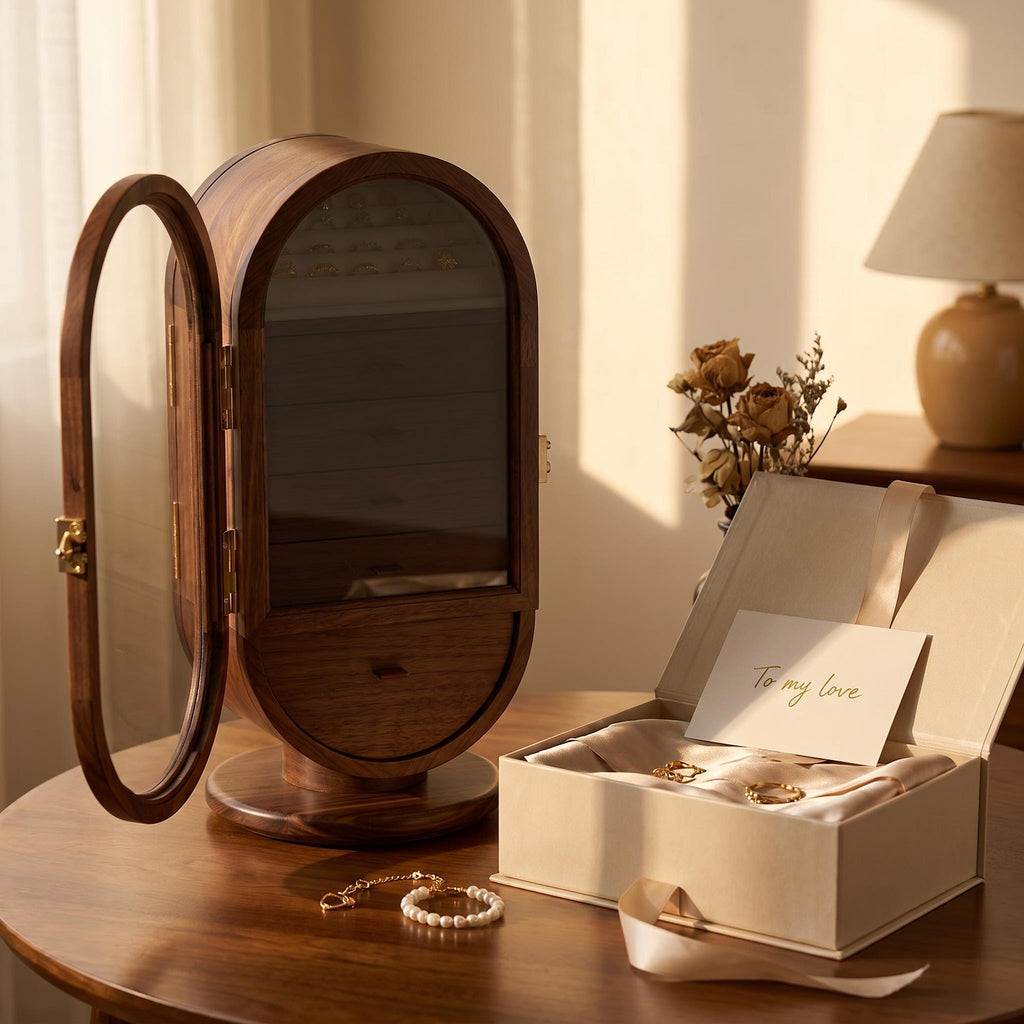 Premium Walnut Rotating Jewelry Cabinet with Mirrored Doors & Multi-Drawer Categorization, Smart Organizer for Rings, Earrings, Bracelets & Watches