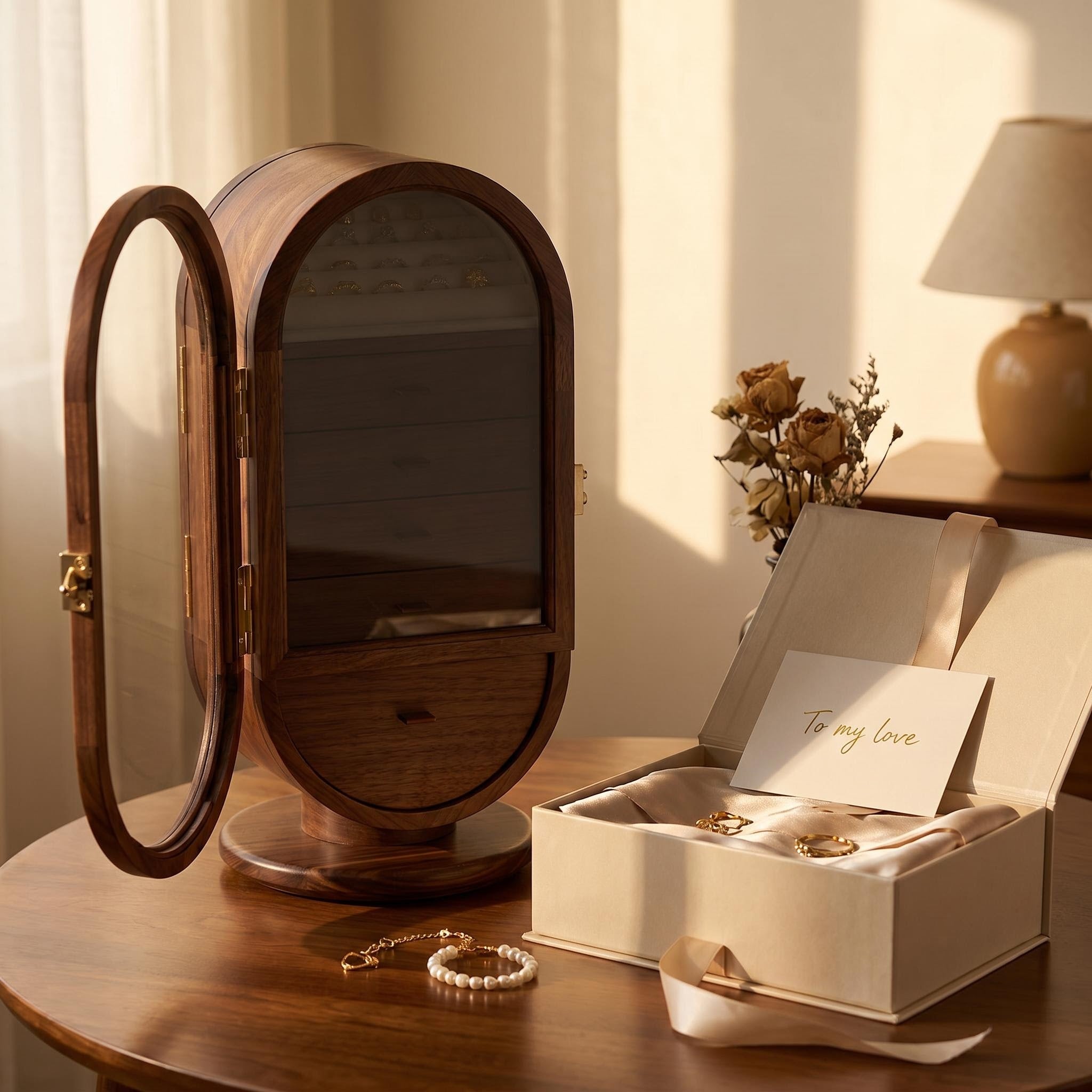 Premium Walnut Rotating Jewelry Cabinet with Mirrored Doors & Multi-Drawer Categorization, Smart Organizer for Rings, Earrings, Bracelets & Watches