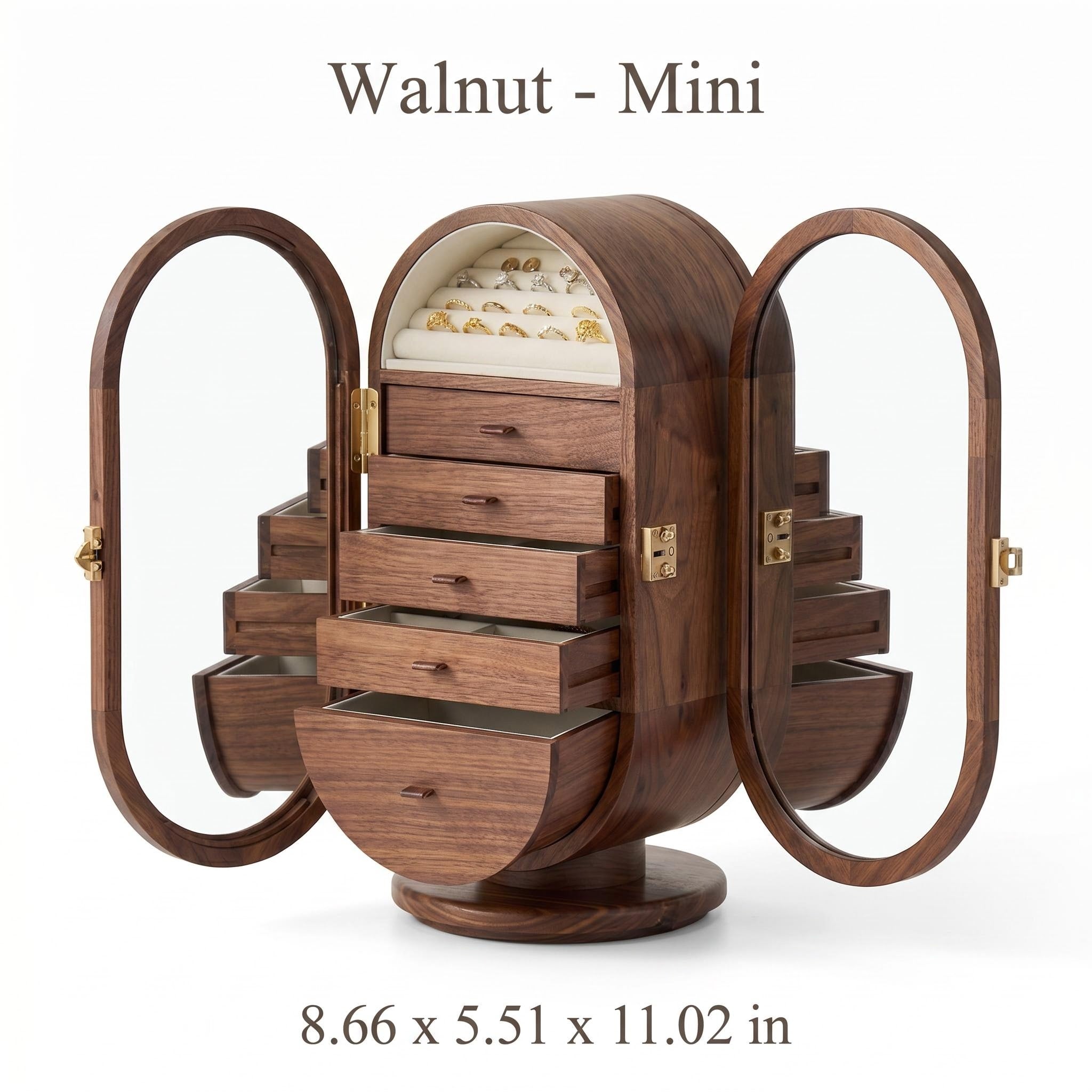 Premium Walnut Rotating Jewelry Cabinet with Mirrored Doors & Multi-Drawer Categorization, Smart Organizer for Rings, Earrings, Bracelets & Watches