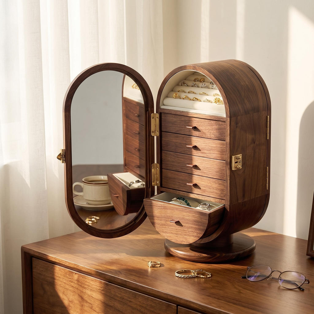Premium Walnut Rotating Jewelry Cabinet with Mirrored Doors & Multi-Drawer Categorization, Smart Organizer for Rings, Earrings, Bracelets & Watches