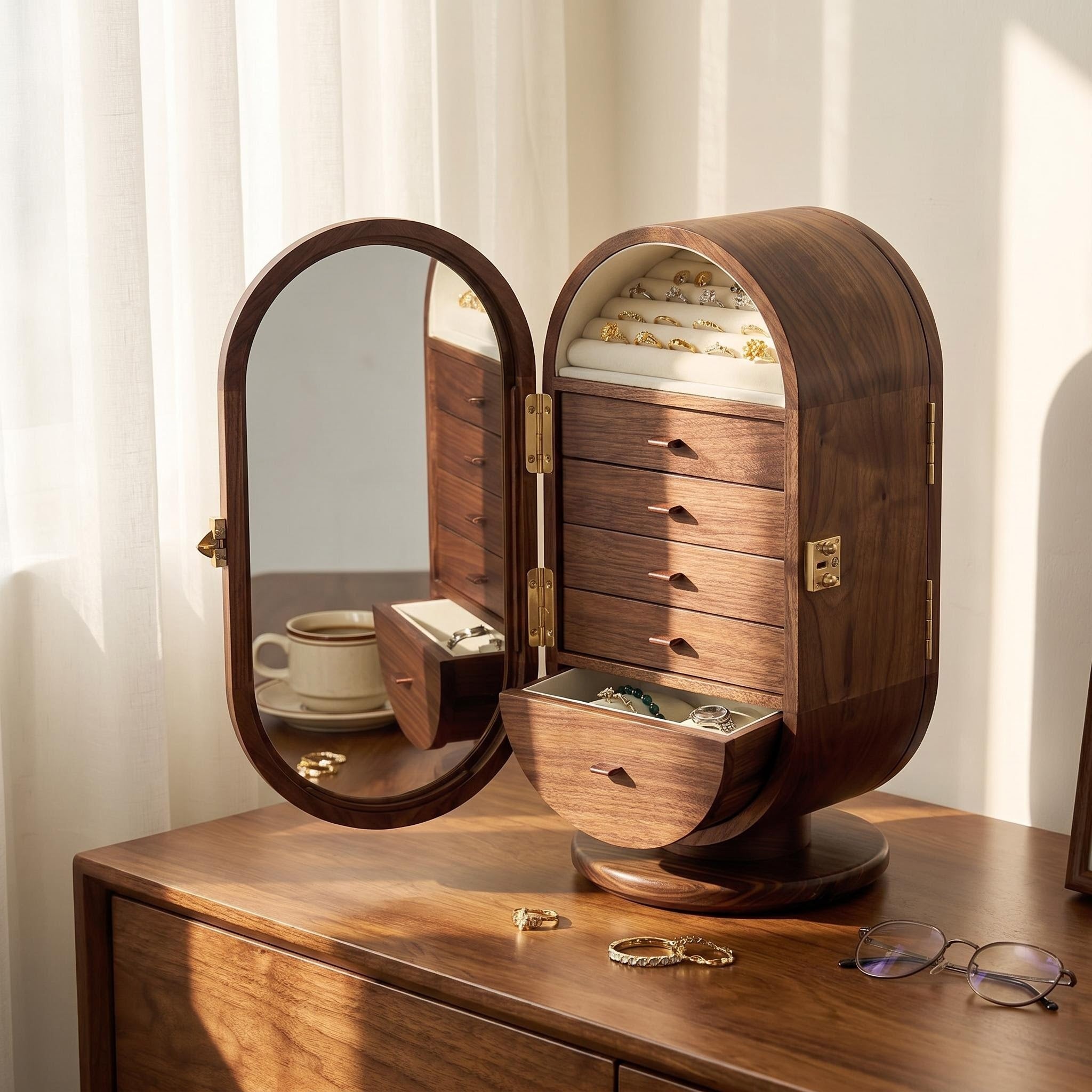 Premium Walnut Rotating Jewelry Cabinet with Mirrored Doors & Multi-Drawer Categorization, Smart Organizer for Rings, Earrings, Bracelets & Watches