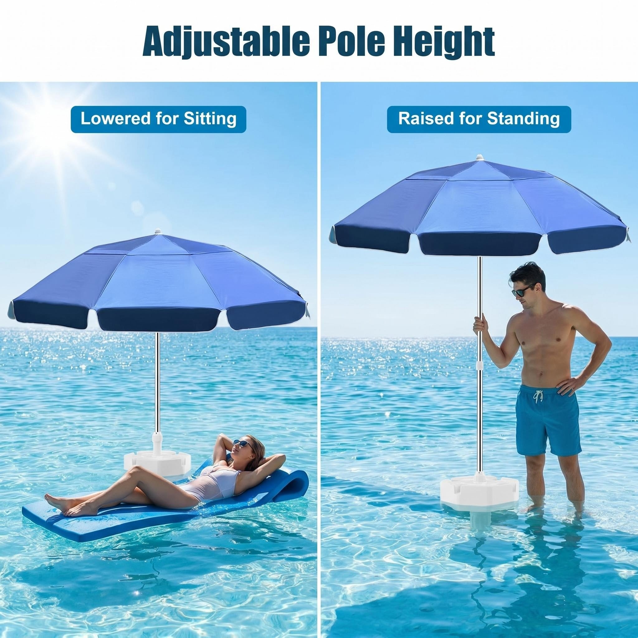 Anti-Tip Floating Base Pool Umbrella with UPF50+ UV Protection & Water Repellent Canopy, Stable Floating Sun Shade for Swimming Pool, Beach and Water Park Outdoor Use