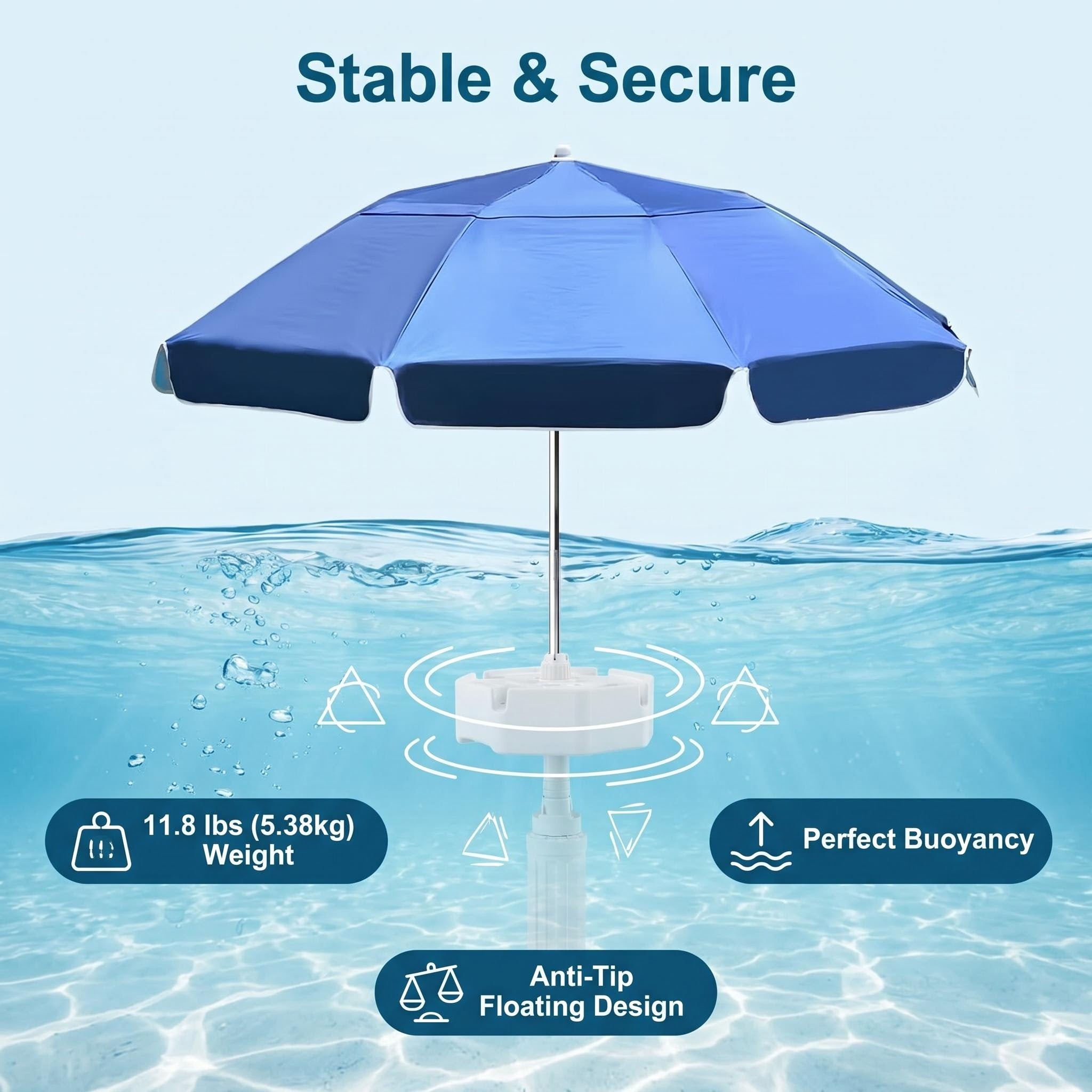 Anti-Tip Floating Base Pool Umbrella with UPF50+ UV Protection & Water Repellent Canopy, Stable Floating Sun Shade for Swimming Pool, Beach and Water Park Outdoor Use