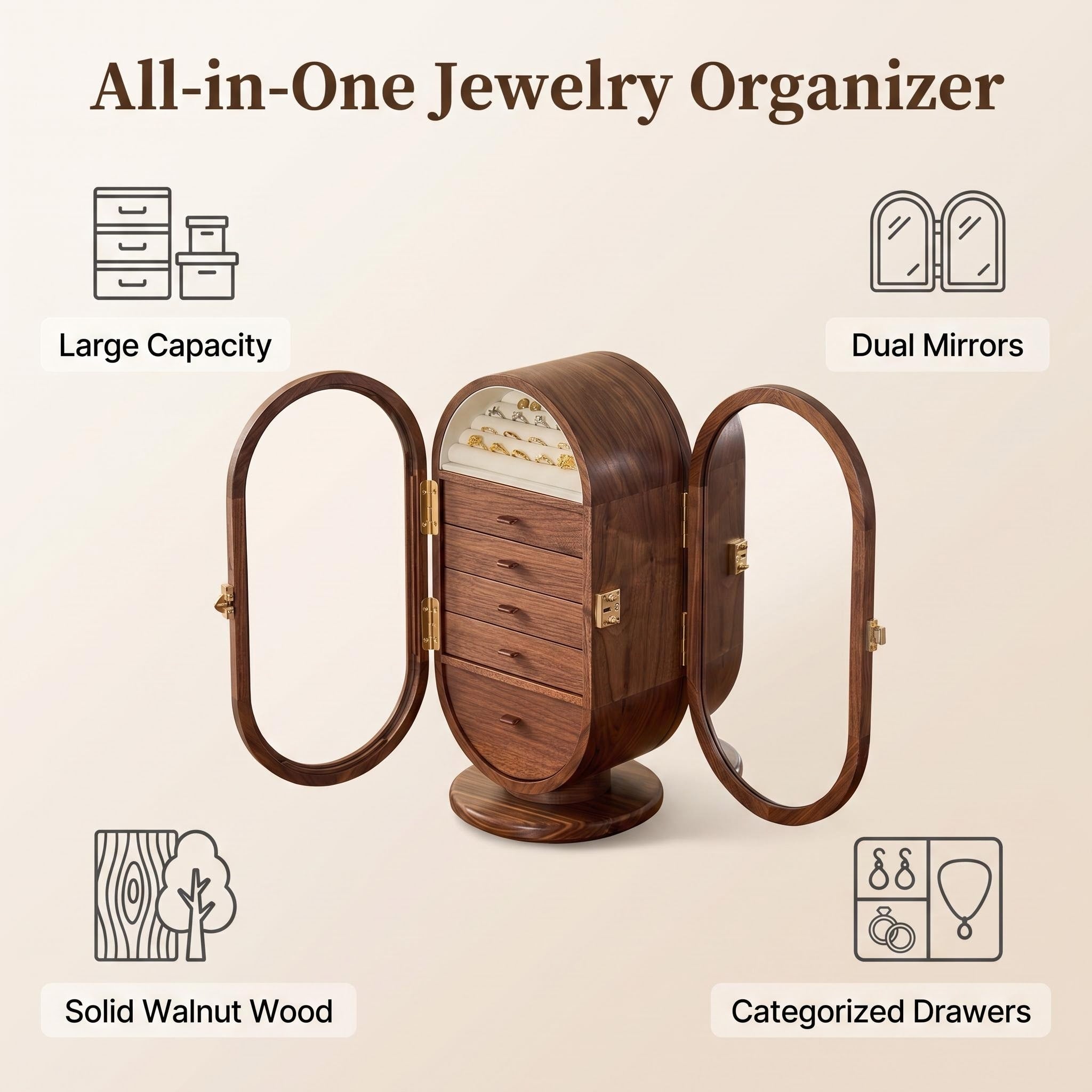 Premium Walnut Rotating Jewelry Cabinet with Mirrored Doors & Multi-Drawer Categorization, Smart Organizer for Rings, Earrings, Bracelets & Watches