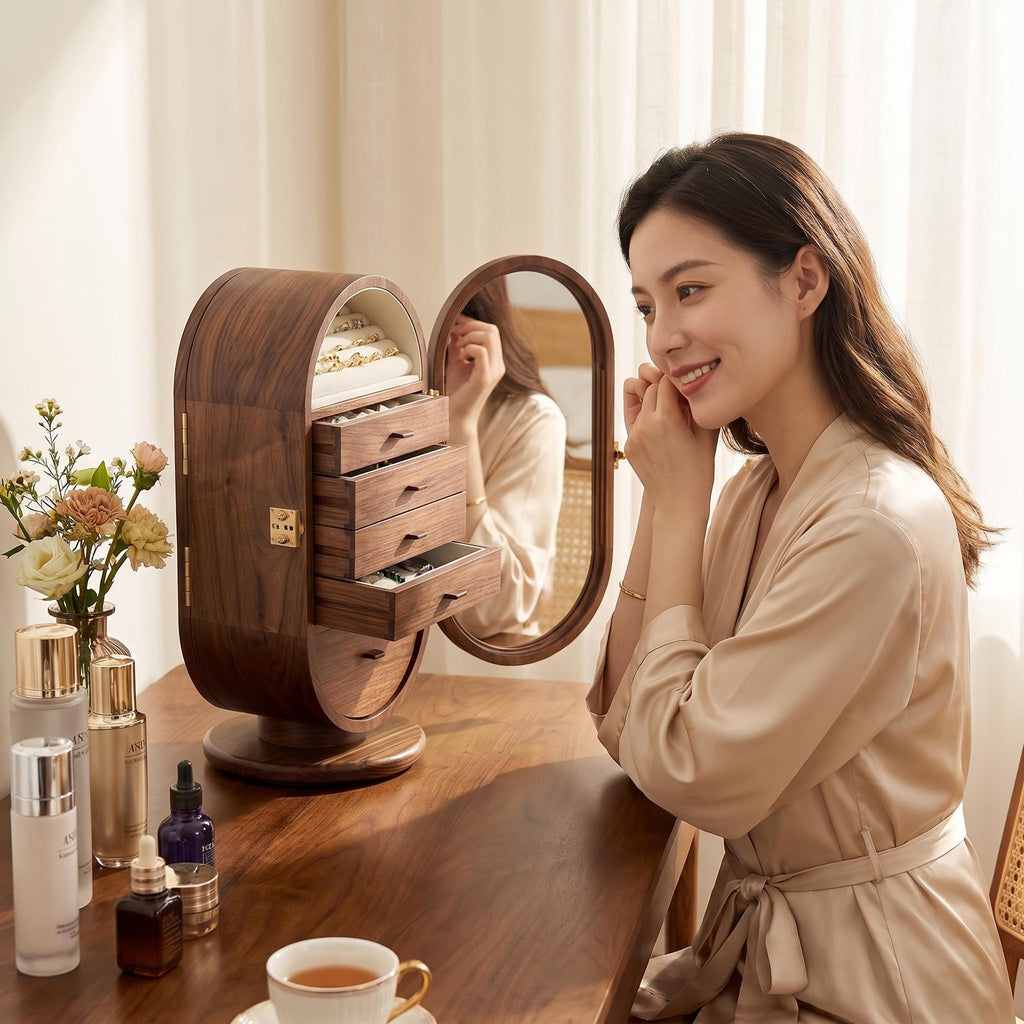 Premium Walnut Rotating Jewelry Cabinet with Mirrored Doors & Multi-Drawer Categorization, Smart Organizer for Rings, Earrings, Bracelets & Watches