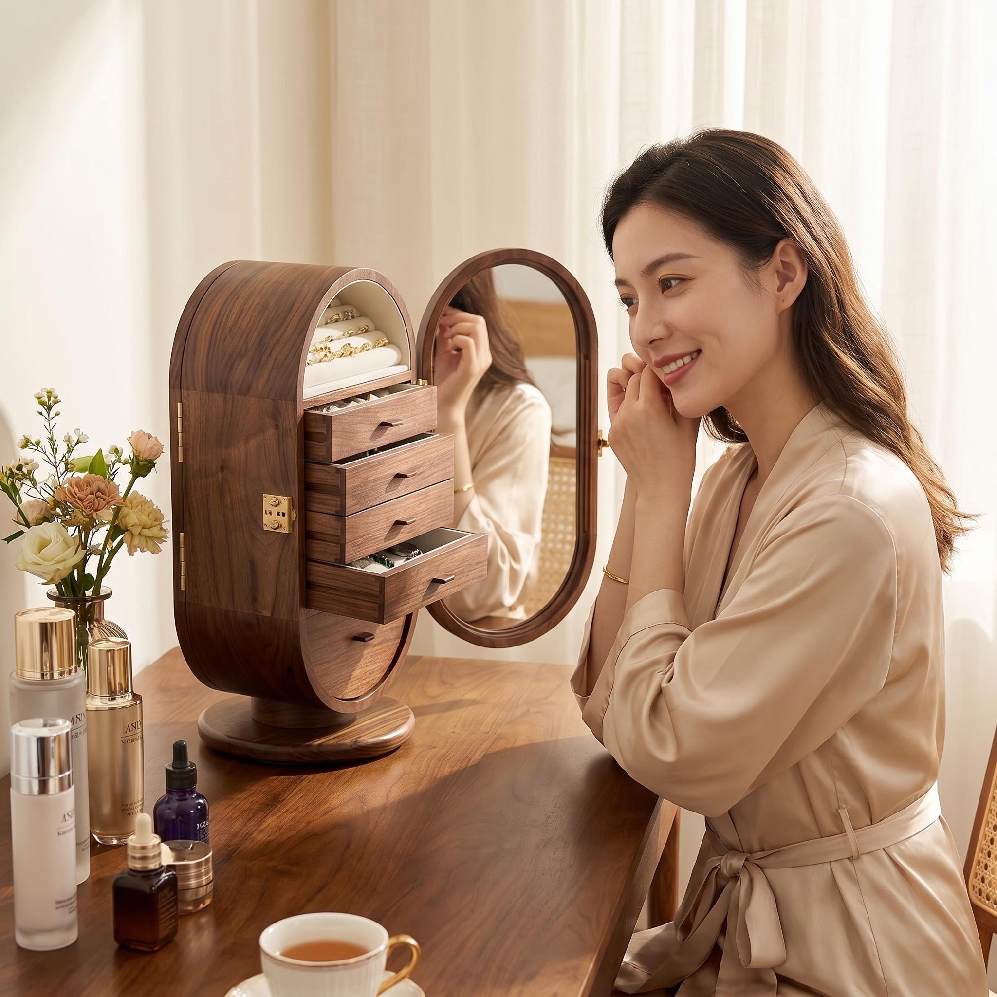 Premium Walnut Rotating Jewelry Cabinet with Mirrored Doors & Multi-Drawer Categorization, Smart Organizer for Rings, Earrings, Bracelets & Watches
