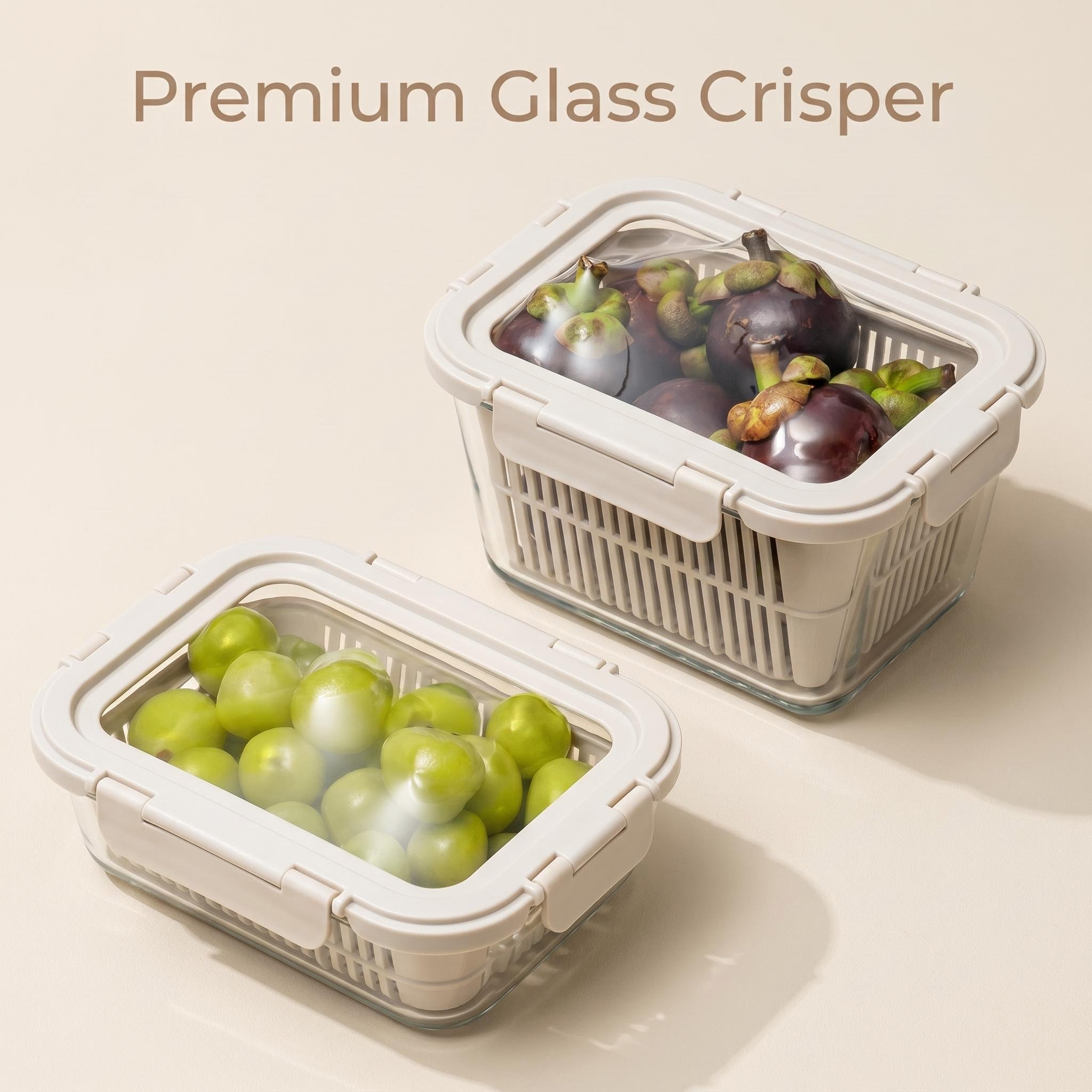 Smart Drain Design High Borosilicate Glass Container, Detachable Drain Basket + Locking Airtight Lid, Replace Stained Plastic Storage for Home Kitchen & Refrigerator