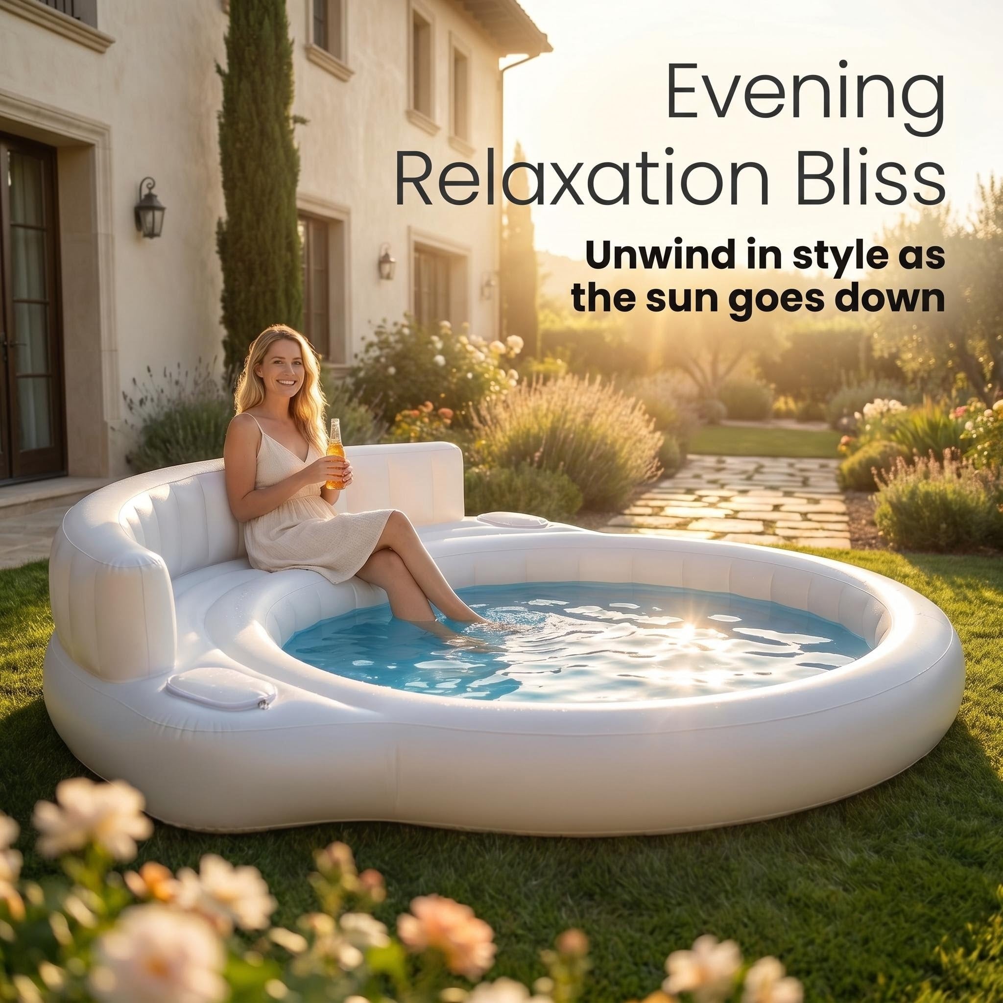 Premium Durable Inflatable Pool Featuring Integrated Beverage Ice Compartment & Ergonomic Backrest, Heavy-Duty Leakproof PVC for Patio, Lawn Outdoor Entertainment