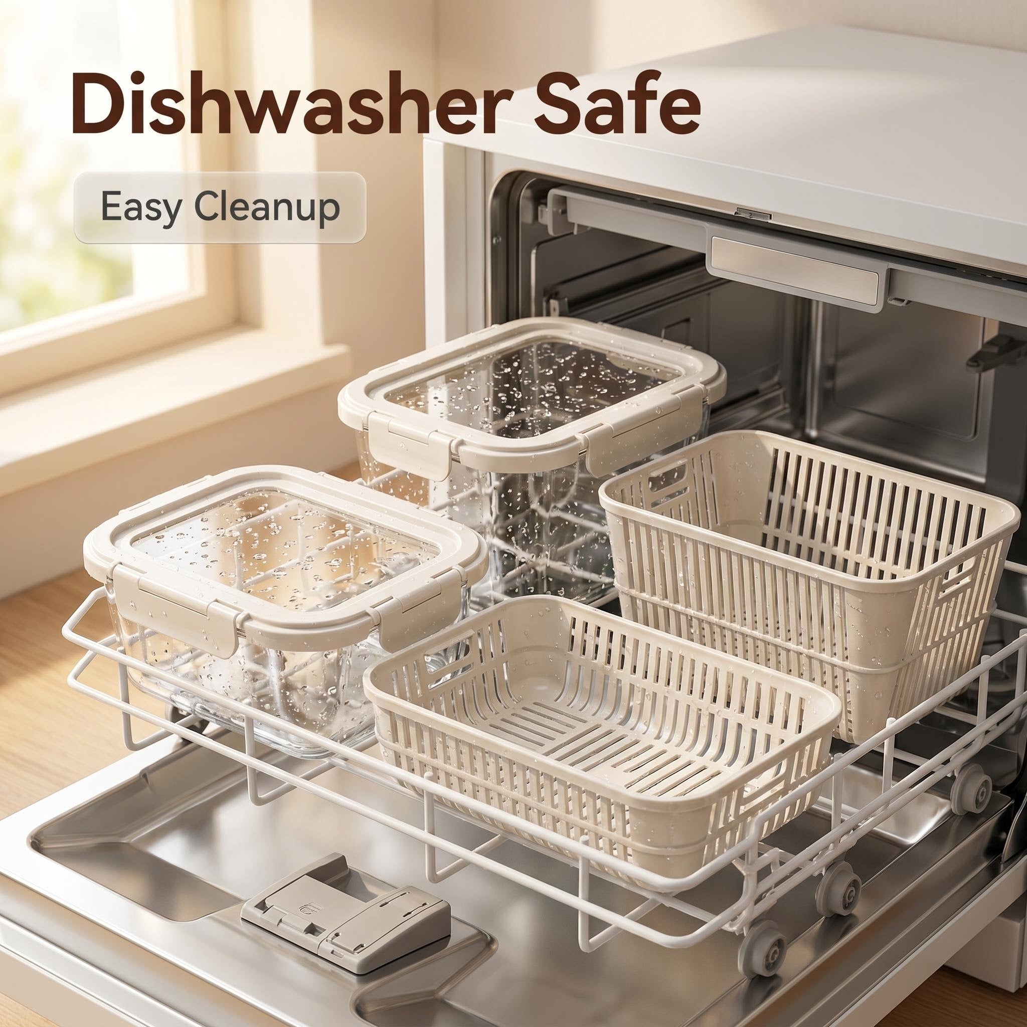 Smart Drain Design High Borosilicate Glass Container, Detachable Drain Basket + Locking Airtight Lid, Replace Stained Plastic Storage for Home Kitchen & Refrigerator