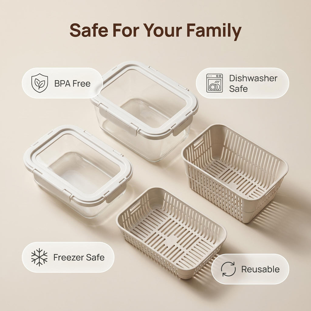 Smart Drain Design High Borosilicate Glass Container, Detachable Drain Basket + Locking Airtight Lid, Replace Stained Plastic Storage for Home Kitchen & Refrigerator