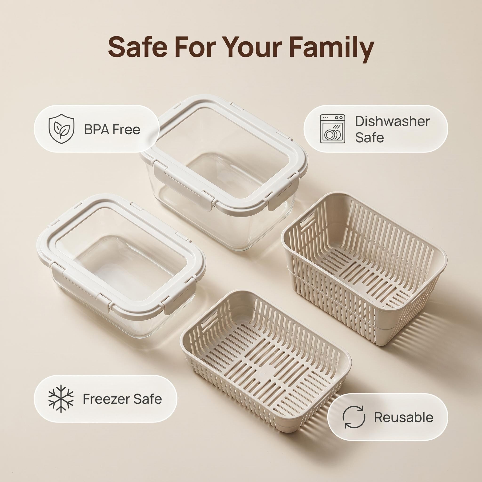 Smart Drain Design High Borosilicate Glass Container, Detachable Drain Basket + Locking Airtight Lid, Replace Stained Plastic Storage for Home Kitchen & Refrigerator