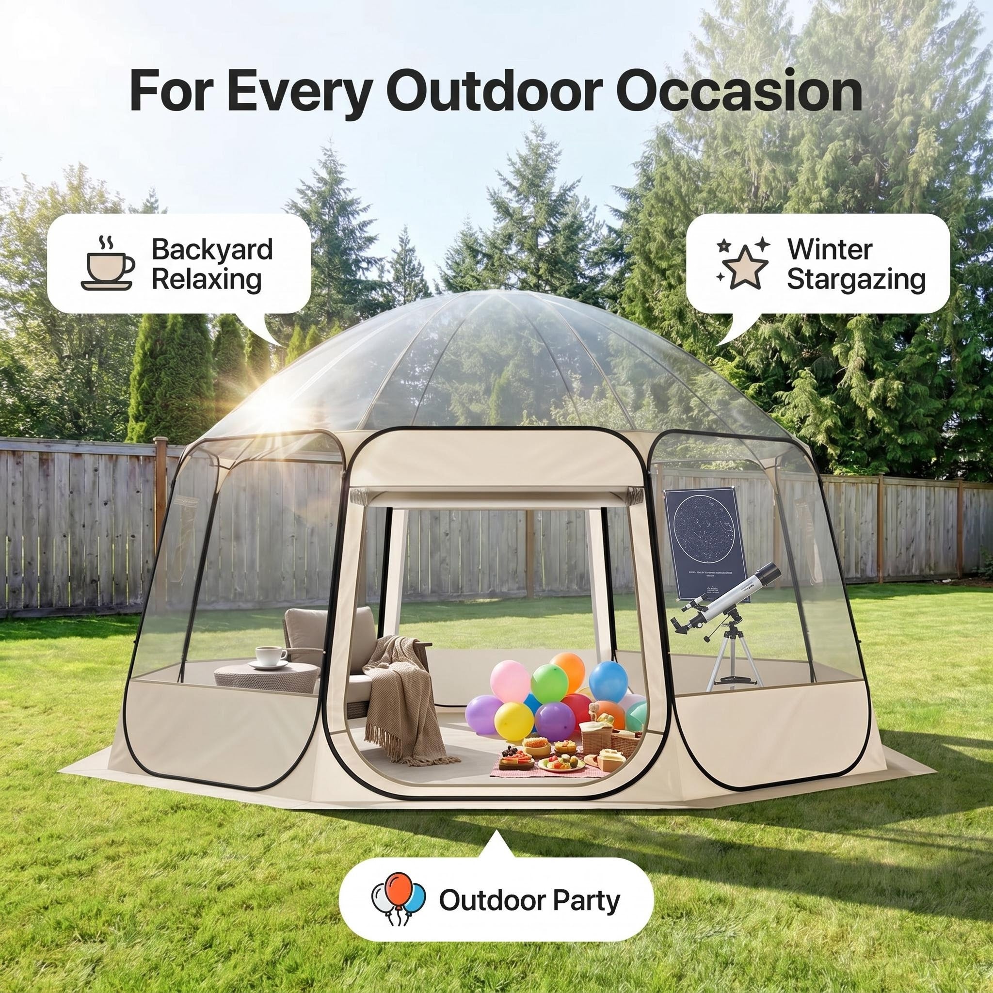Pop-Up Bubble Tent with 360° Clear View, Ultra Spacious Weather-Resistant Outdoor Shelter for Backyard Parties, Stargazing & Relaxation
