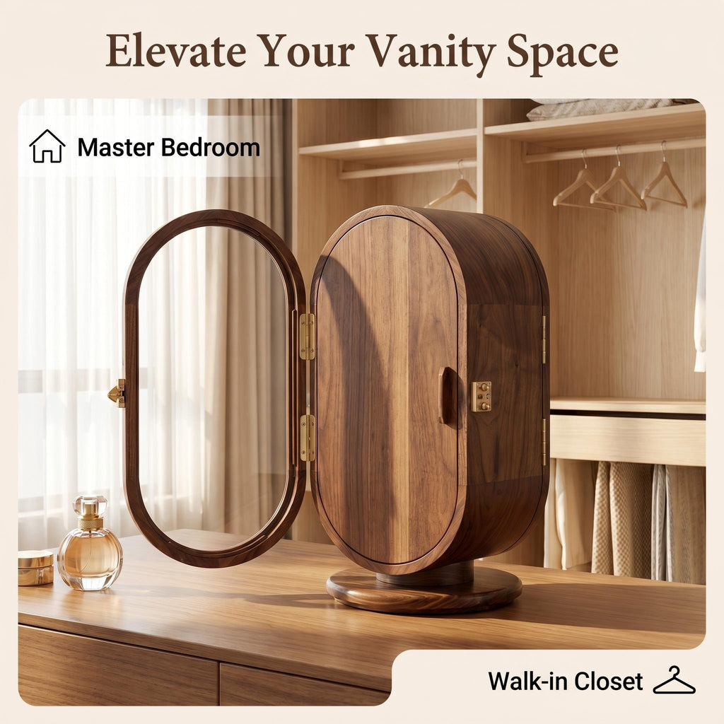 Premium Walnut Rotating Jewelry Cabinet with Mirrored Doors & Multi-Drawer Categorization, Smart Organizer for Rings, Earrings, Bracelets & Watches
