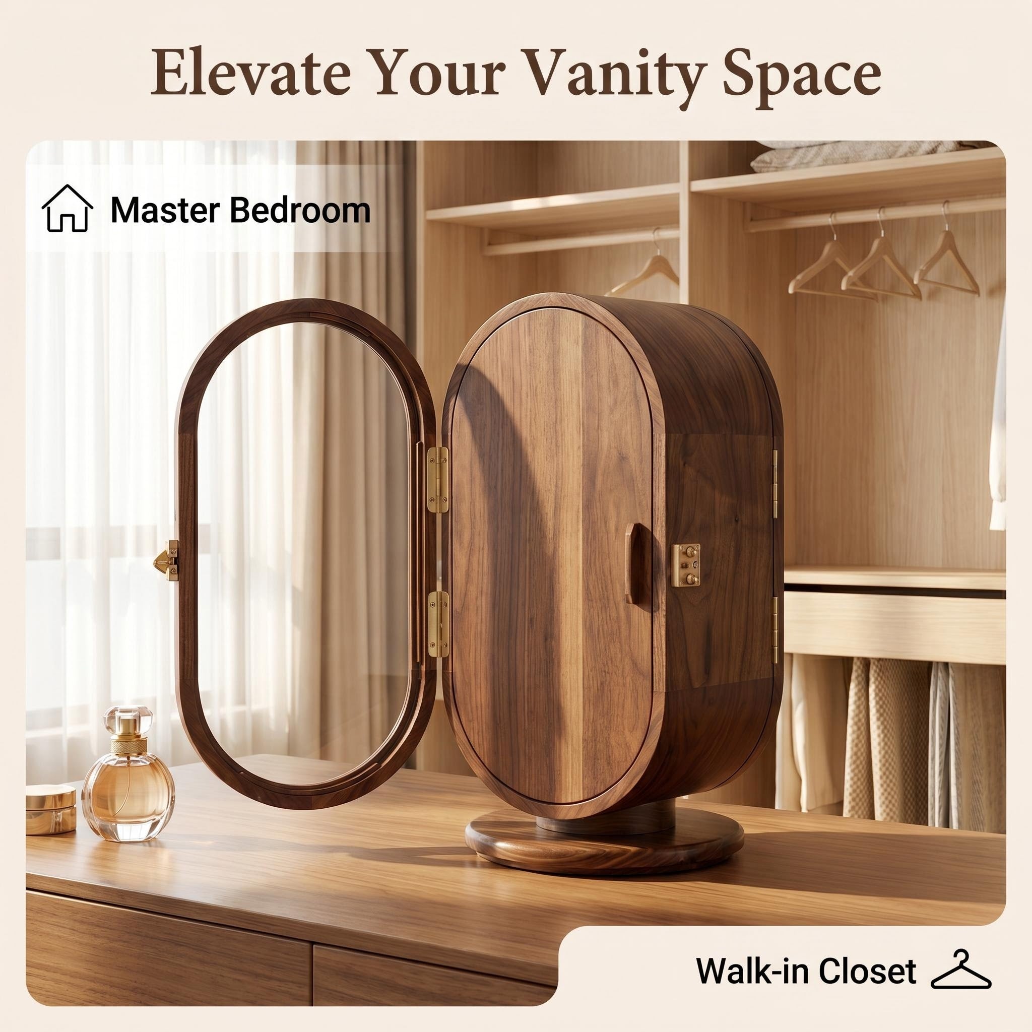 Premium Walnut Rotating Jewelry Cabinet with Mirrored Doors & Multi-Drawer Categorization, Smart Organizer for Rings, Earrings, Bracelets & Watches