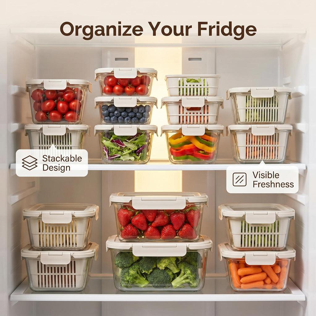 Smart Drain Design High Borosilicate Glass Container, Detachable Drain Basket + Locking Airtight Lid, Replace Stained Plastic Storage for Home Kitchen & Refrigerator