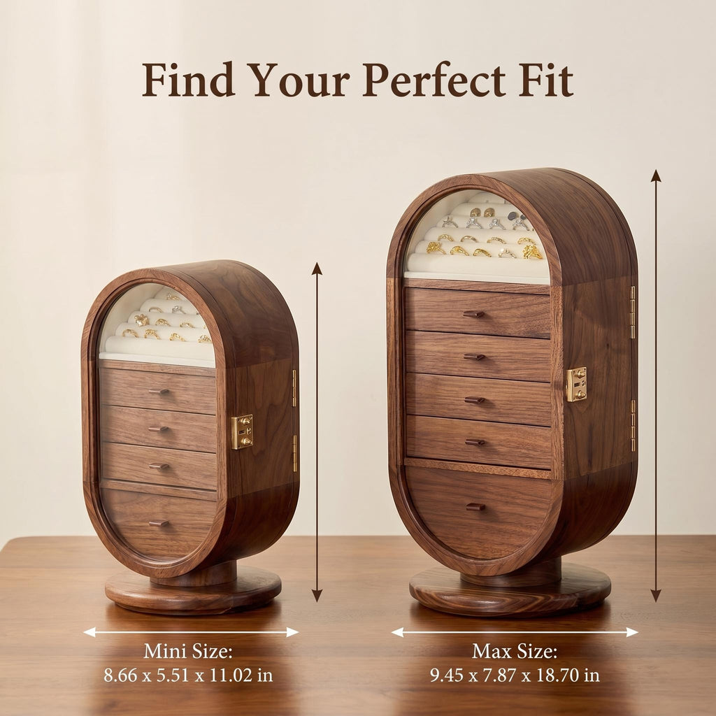 Premium Walnut Rotating Jewelry Cabinet with Mirrored Doors & Multi-Drawer Categorization, Smart Organizer for Rings, Earrings, Bracelets & Watches