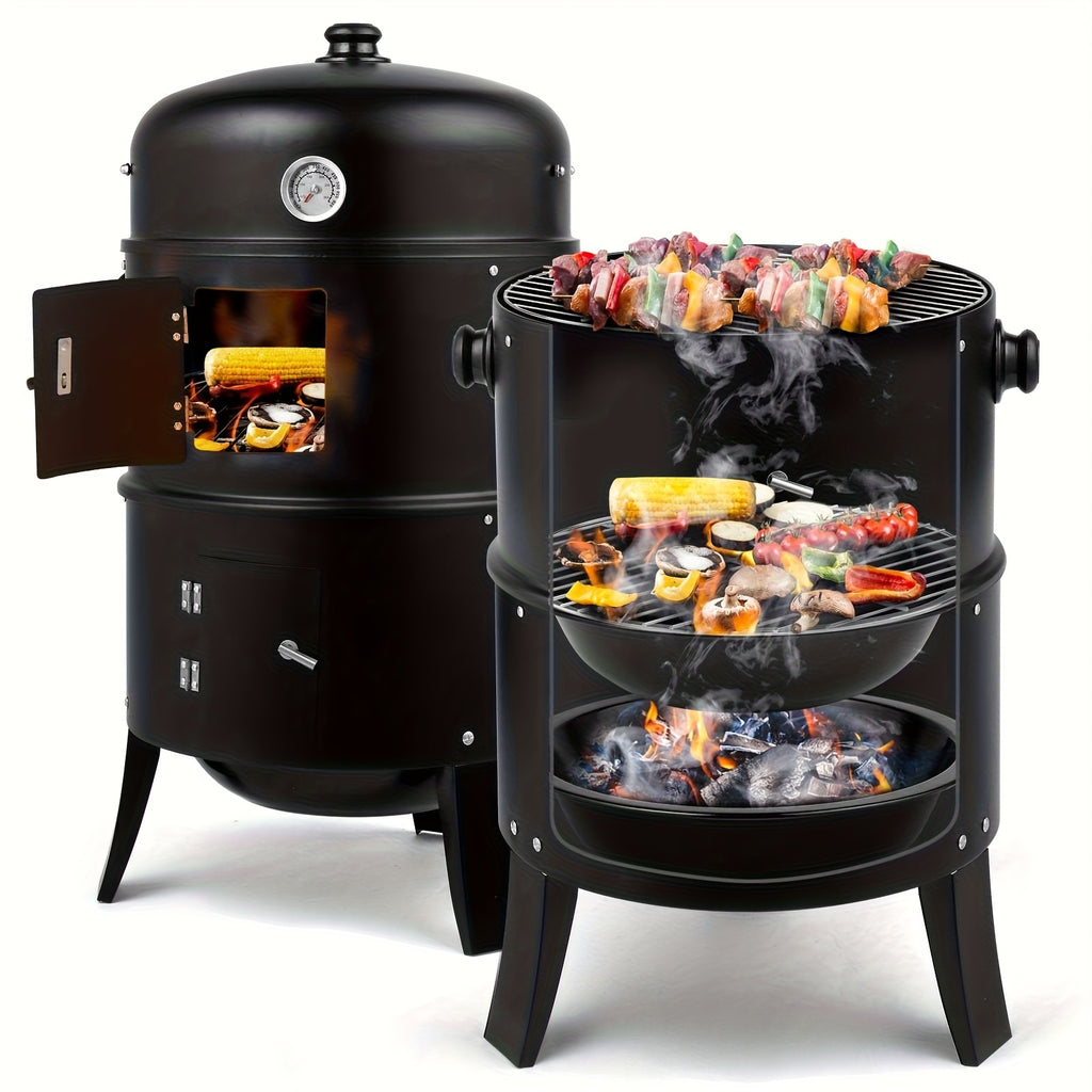 Portable 3-in-1 Charcoal Grill Smoker with Built-in Thermometer, Adjustable Height Steel Fire Pit for Outdoor Parties