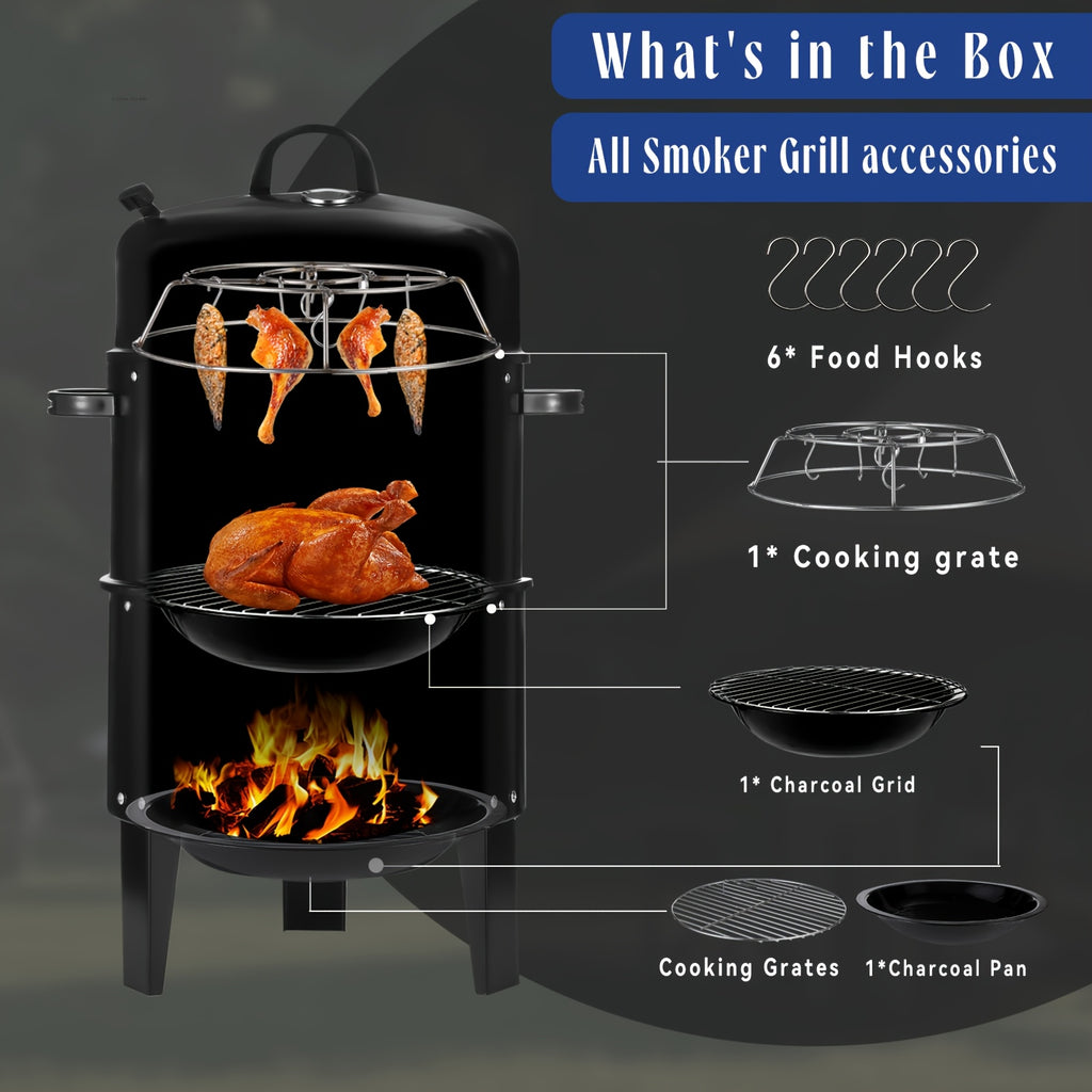 Portable 3-in-1 Charcoal Grill Smoker with Built-in Thermometer, Adjustable Height Steel Fire Pit for Outdoor Parties