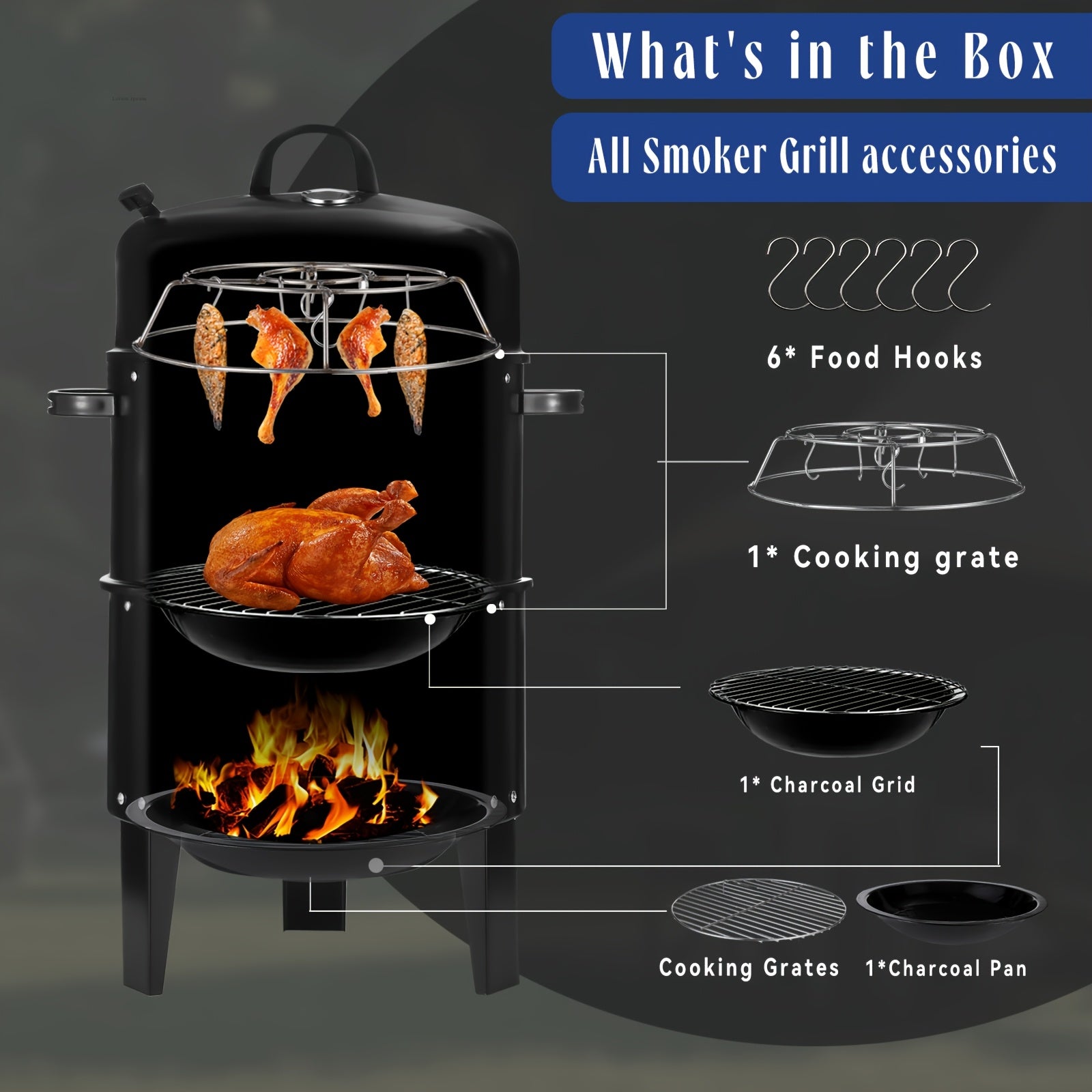 Portable 3-in-1 Charcoal Grill Smoker with Built-in Thermometer, Adjustable Height Steel Fire Pit for Outdoor Parties