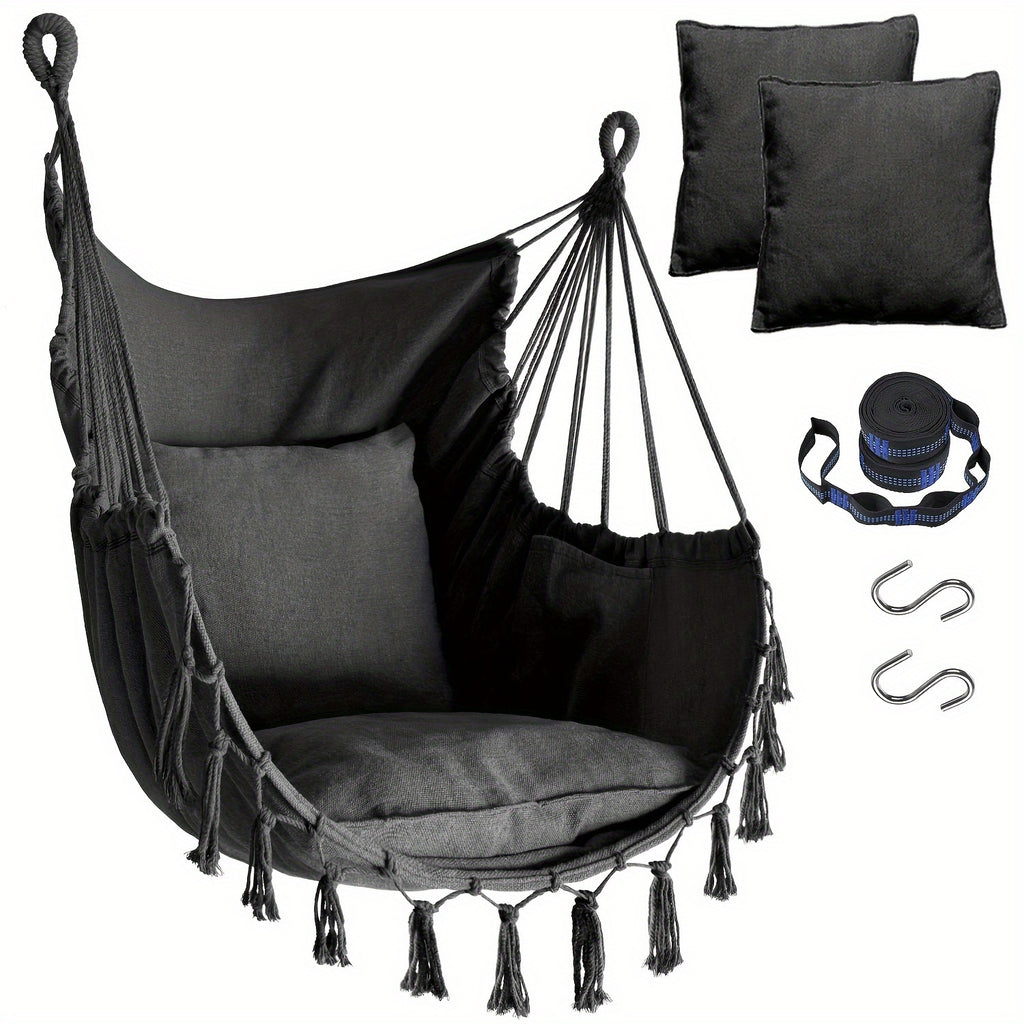 Handcrafted Hanging Hammock Chair with Two Soft Cushions, Equipped with Sturdy Webbing Straps and Heavy-Duty Hooks, Ideal Outdoor Furniture for Gardens, Porches and Patios