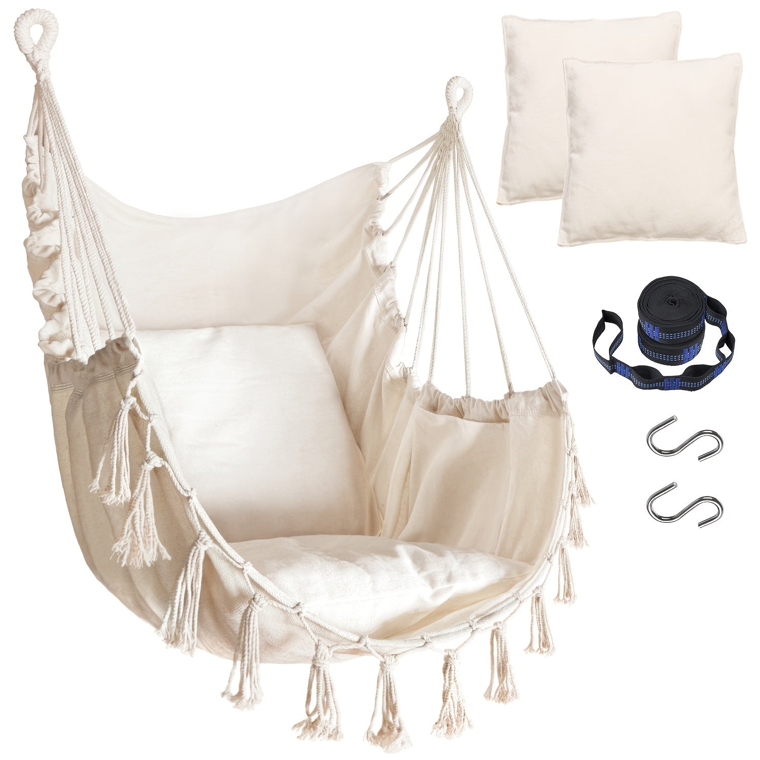 Handcrafted Hanging Hammock Chair with Two Soft Cushions, Equipped with Sturdy Webbing Straps and Heavy-Duty Hooks, Ideal Outdoor Furniture for Gardens, Porches and Patios